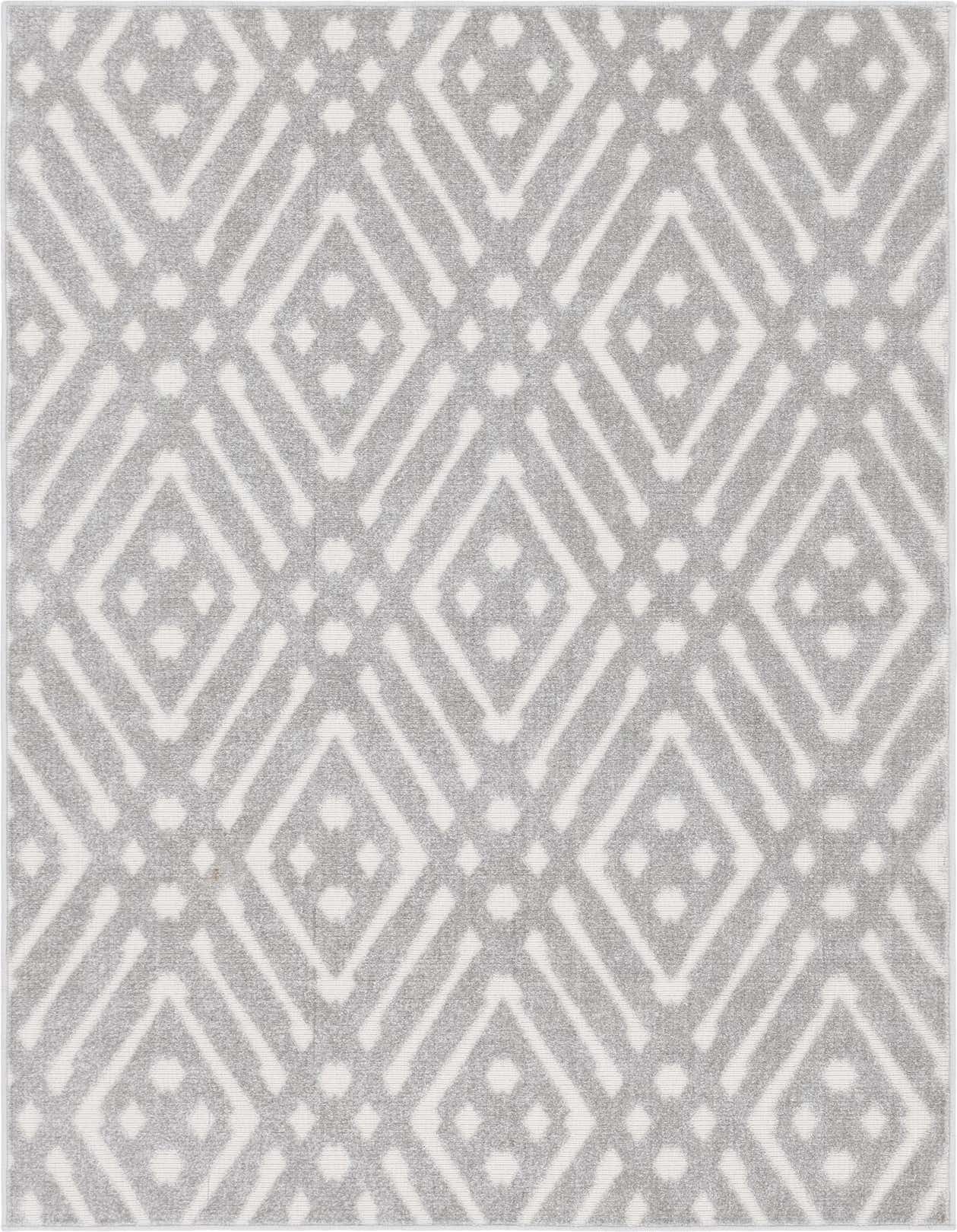 A 5x8 rectangular gray and white transitional rug with a modern trellis pattern, suitable for indoor or outdoor use.