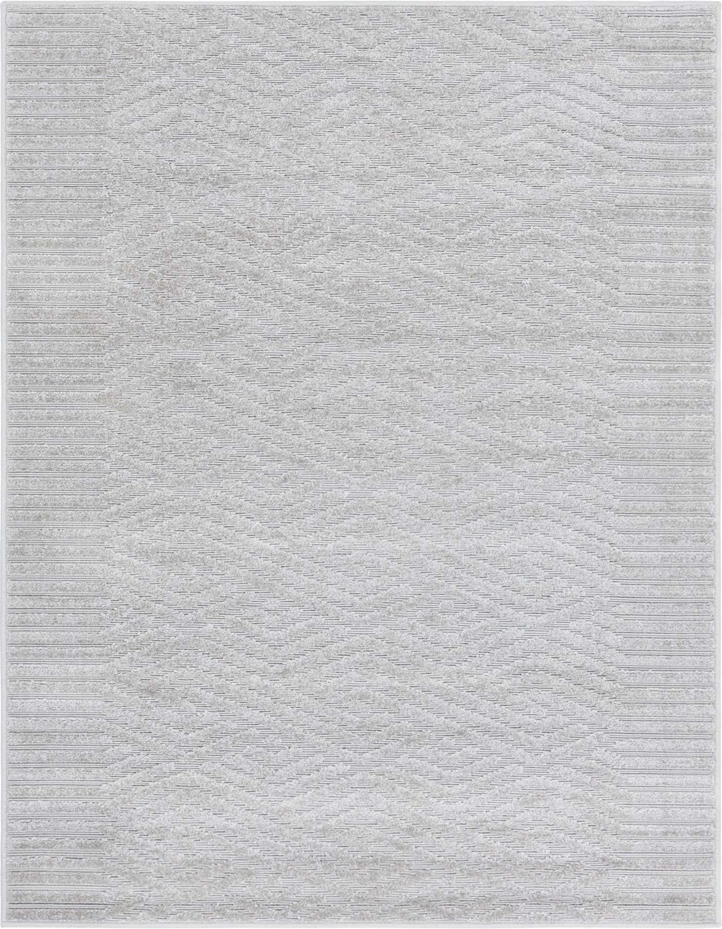 A 4x6 rectangular gray modern rug with a subtle abstract high/low chevron pattern, suitable for indoor or outdoor use.