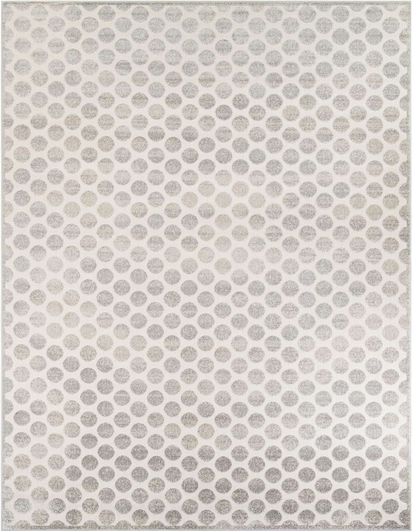 A 10x14 rectangular gray modern indoor/outdoor rug with a textured polka dot pattern on a light background.