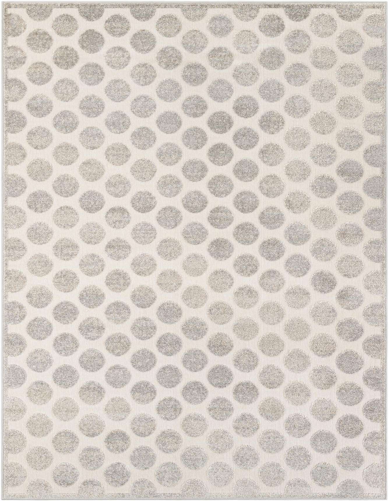 A 6x9 rectangular gray modern indoor/outdoor rug with a textured polka dot pattern on a light background.