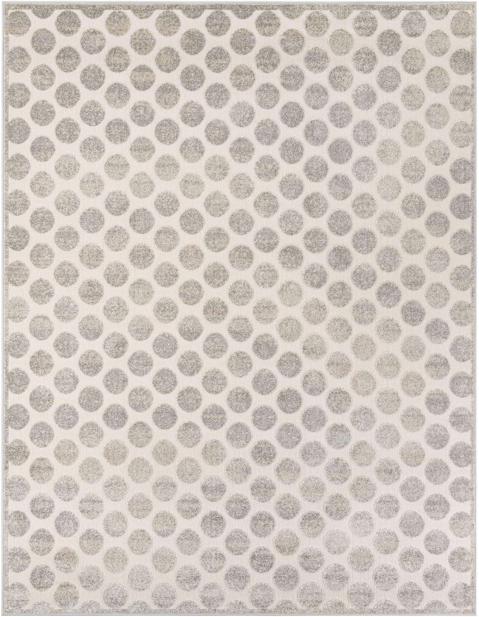 An 8x10 rectangular indoor/outdoor rug featuring a modern abstract pattern of various gray and silver polka dots on a light cream background.