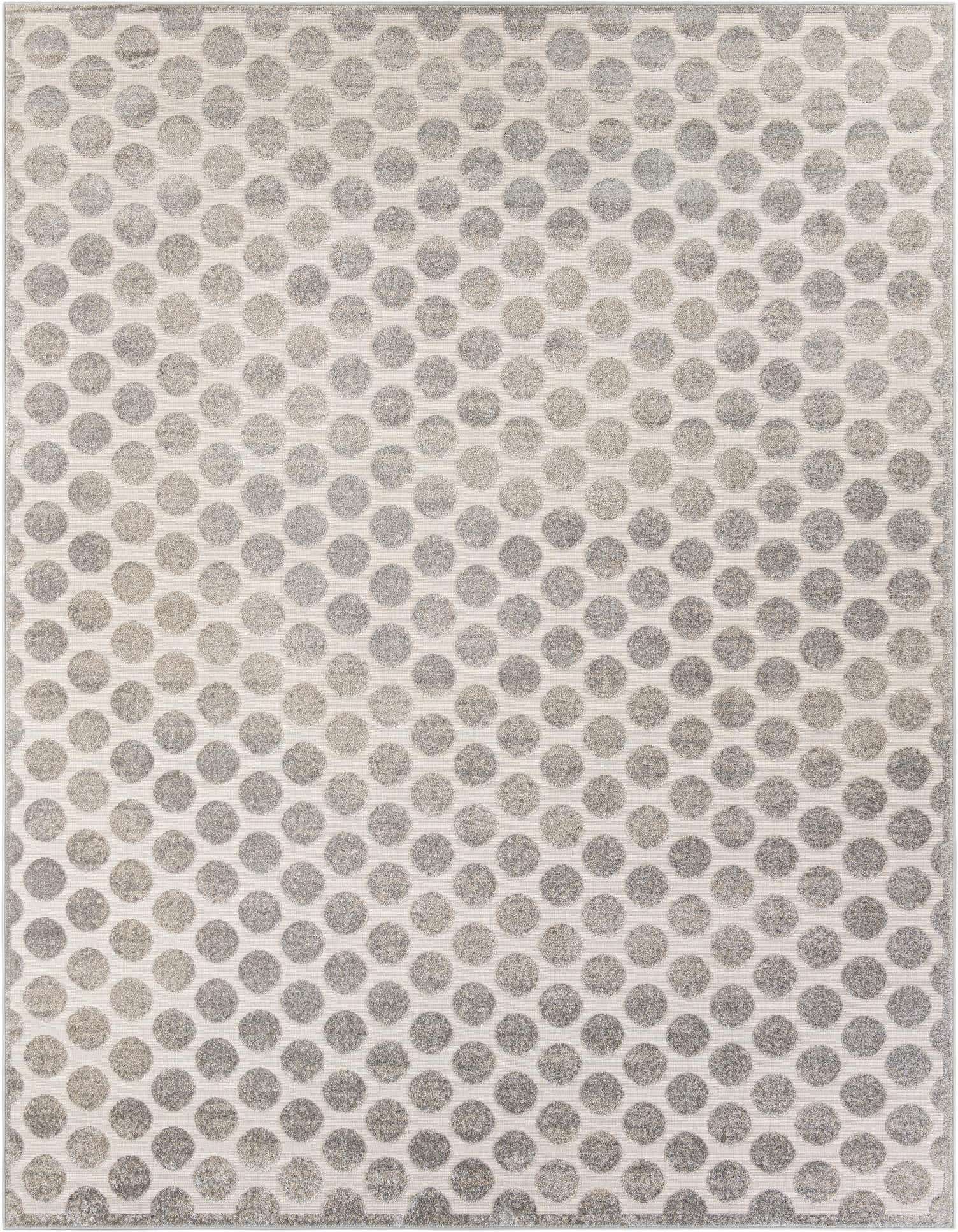 A 9x12 rectangular gray and silver modern rug with a repeating polka dot pattern, suitable for indoor or outdoor use.