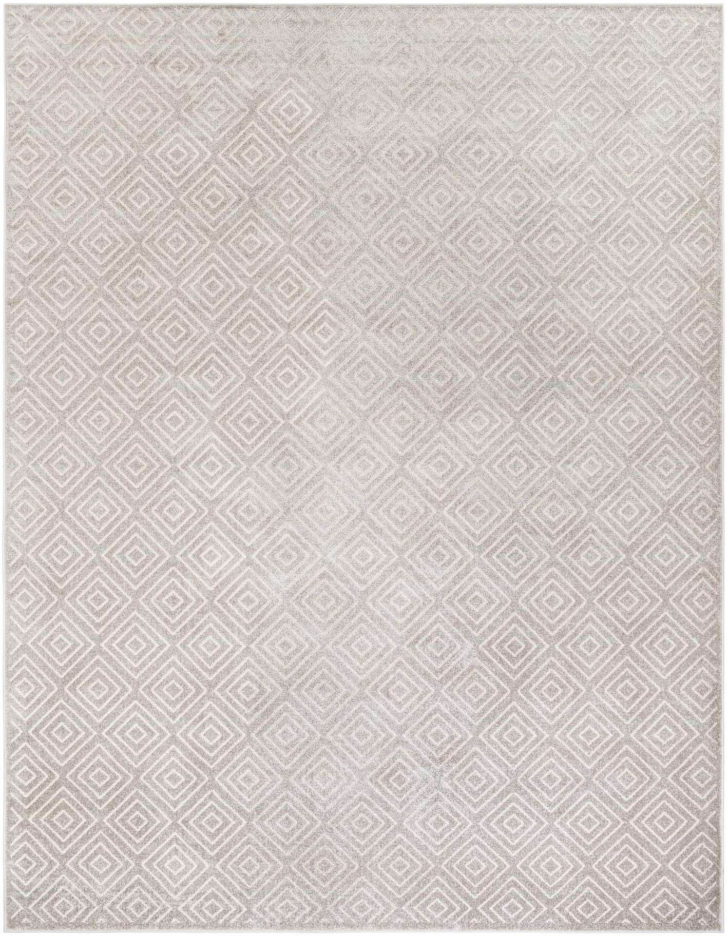 A 10x14 rectangular gray modern rug with a subtle geometric diamond pattern, suitable for indoor or outdoor use.