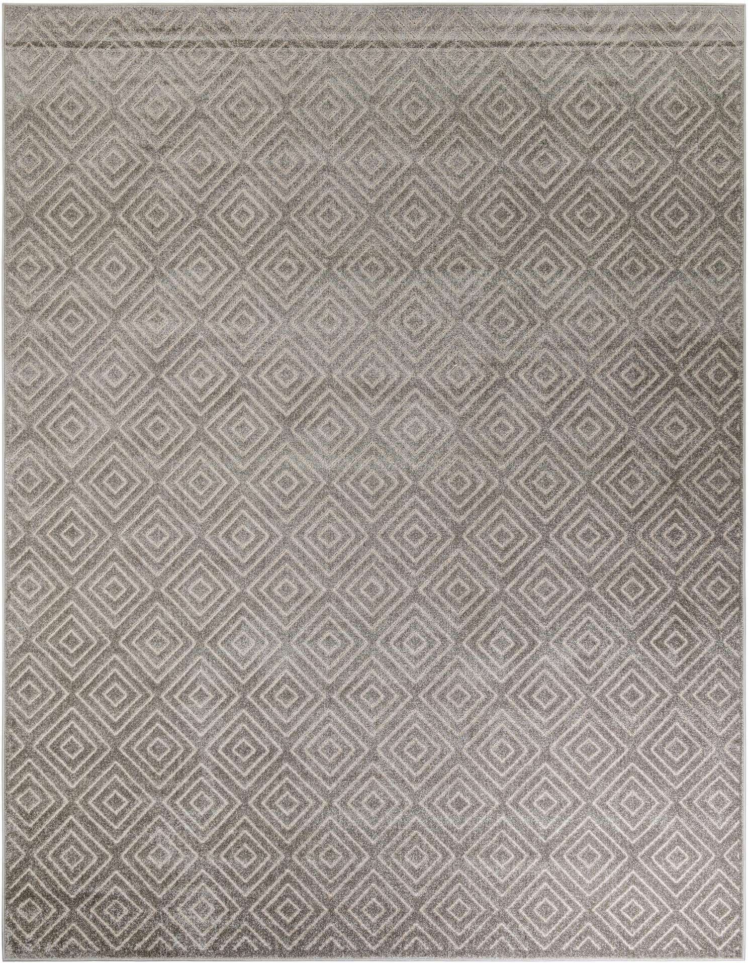 A 9x12 rectangular gray modern rug with a repeating diamond pattern, suitable for indoor or outdoor use.