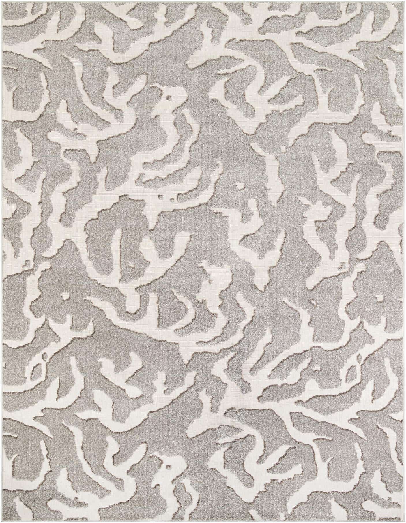A 10x14 rectangular gray and silver modern abstract rug with a textured, organic coral-like pattern, suitable for indoor/outdoor use.