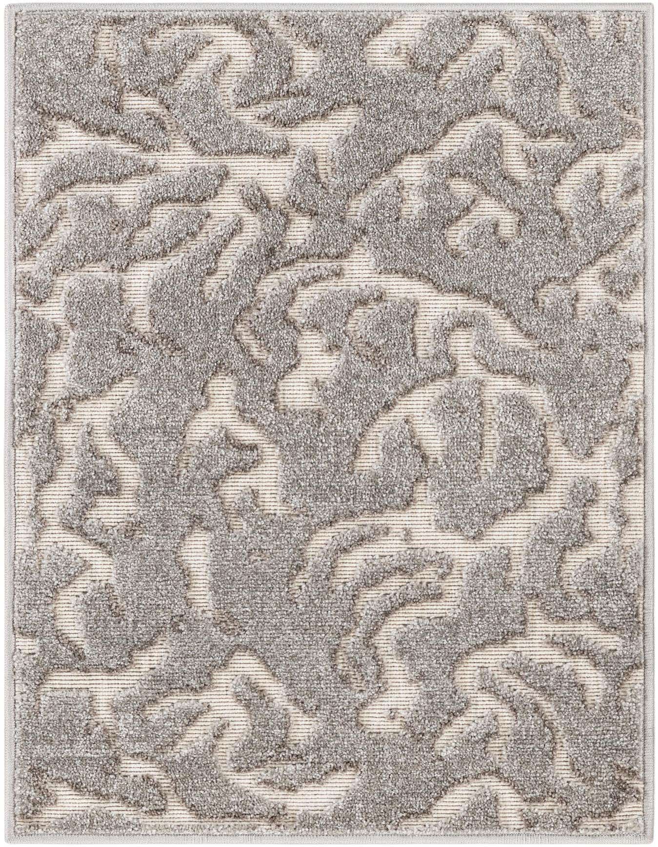 A 2x3 rectangular gray modern abstract rug with a textured, high pile pattern on a lighter background.