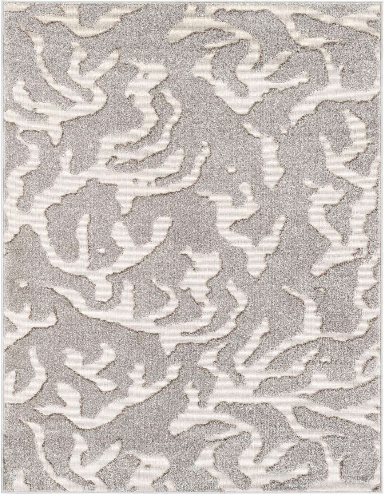 A 5x8 rectangular gray and silver modern abstract rug with a textured, high pile pattern, suitable for indoor or outdoor use.