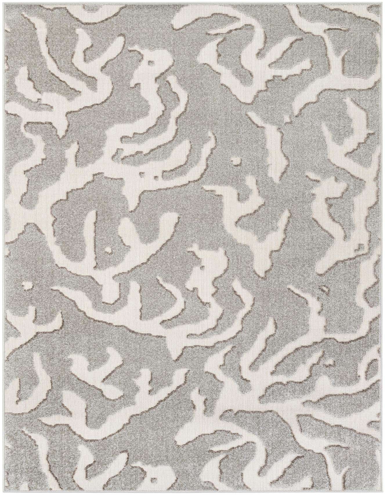 A 6x9 rectangular gray and silver modern abstract rug with a textured, high pile, suitable for indoor or outdoor spaces.