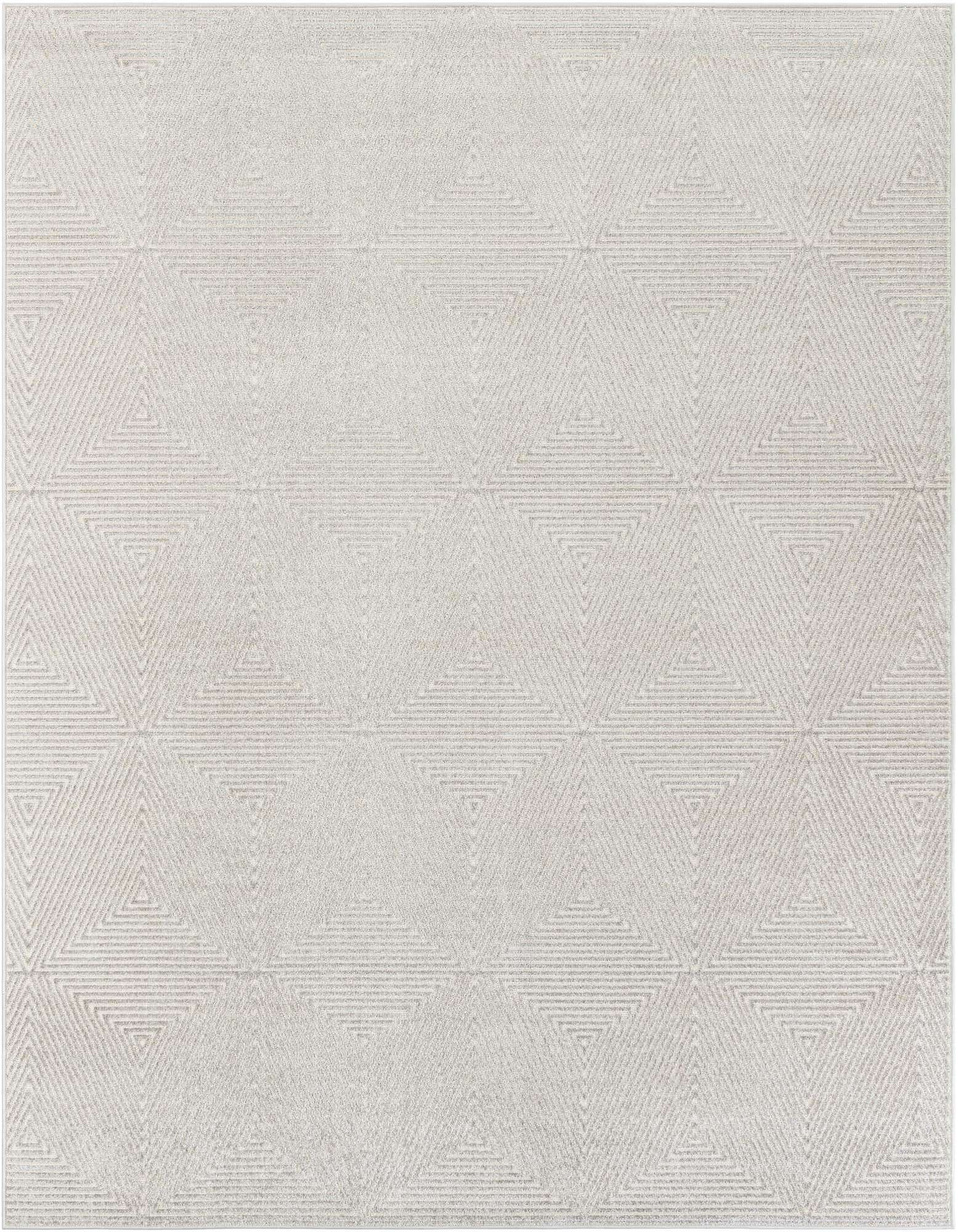 An 8x10 rectangular gray modern indoor/outdoor rug with a repeating geometric triangle pattern.