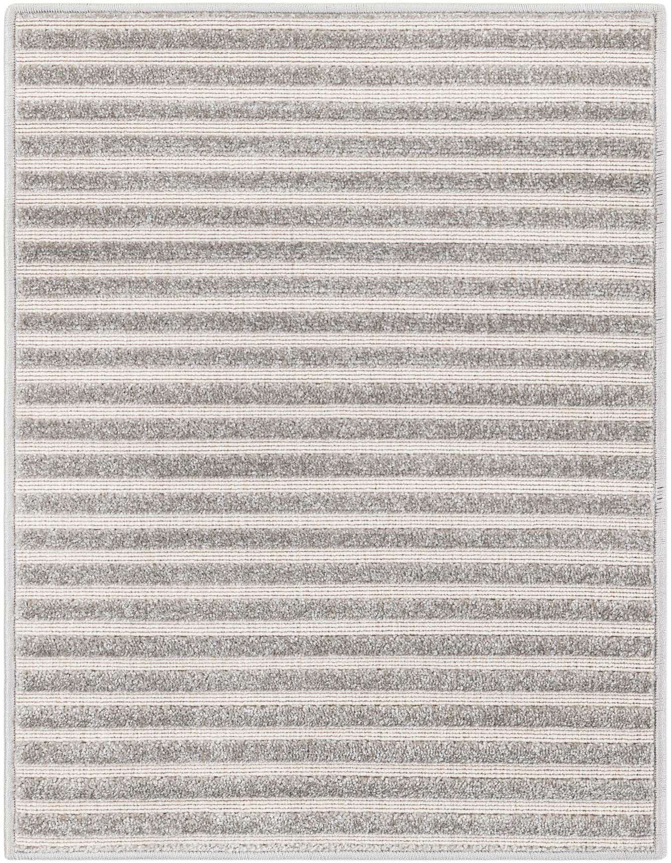 A 2x3 rectangular gray and silver modern striped rug with a textured, medium pile, suitable for indoor or outdoor use.