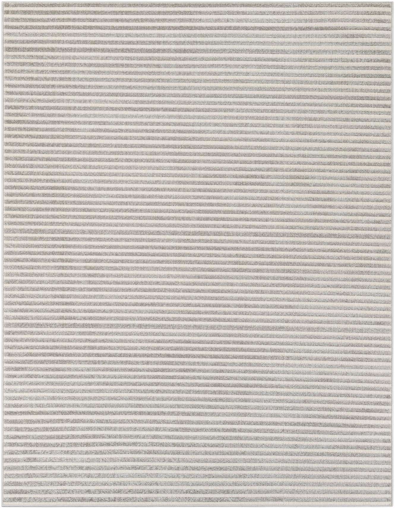 A 6x9 rectangular gray modern area rug with horizontal textured stripes, suitable for indoor or outdoor use.