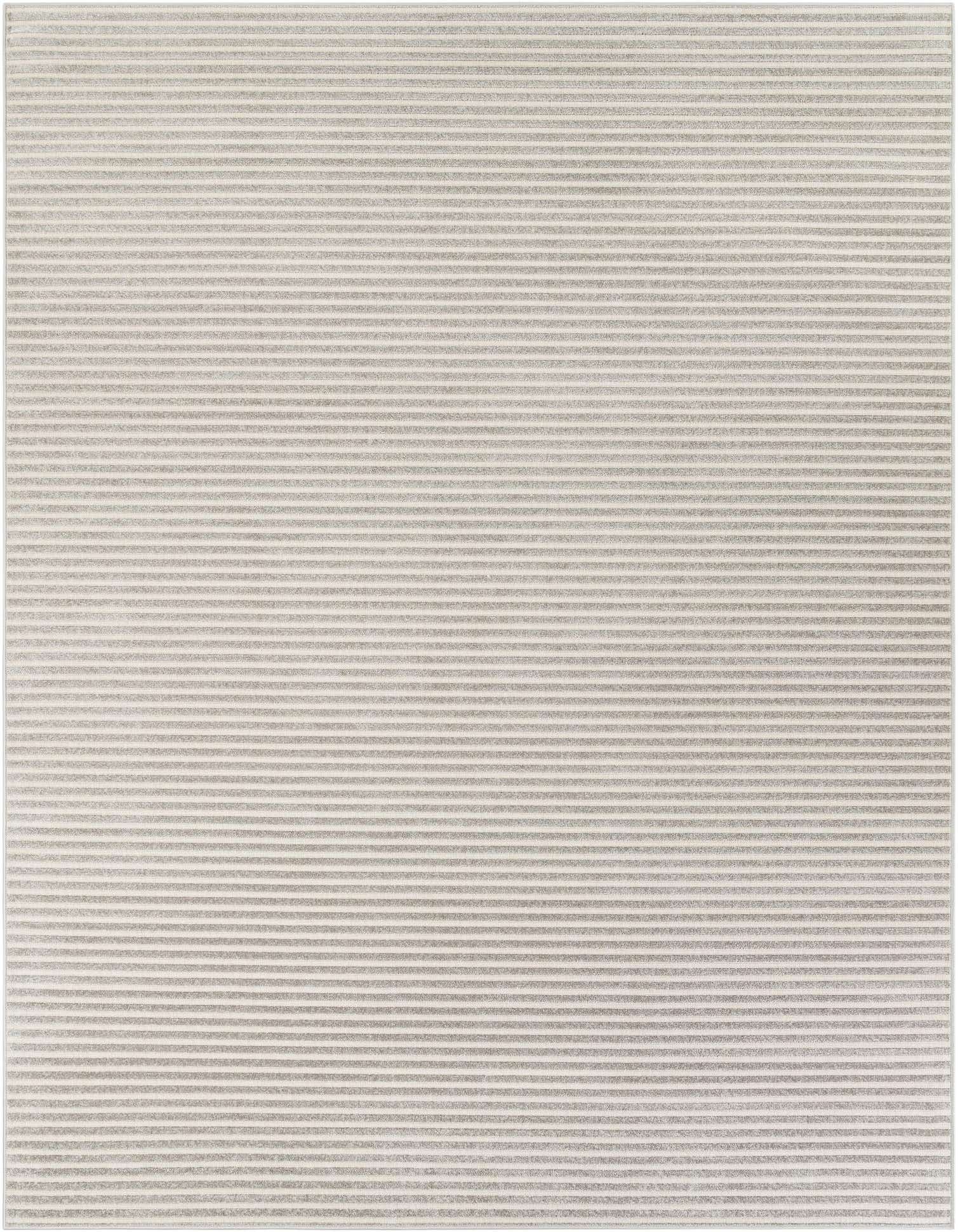 A 9x12 rectangular gray modern indoor/outdoor rug with a subtle striped texture, ideal for a patio or living room.