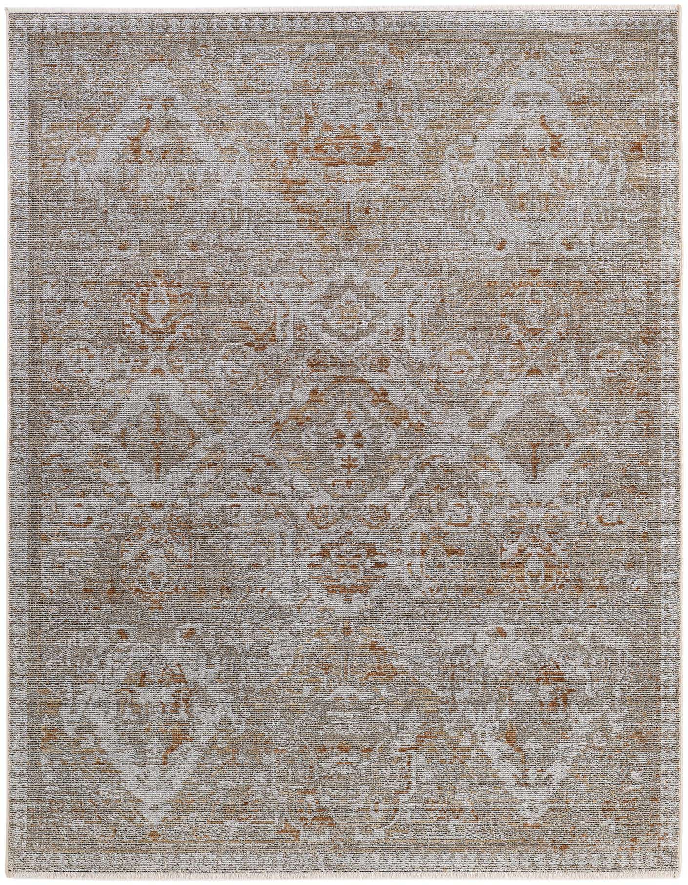 A 5x8 rectangular Santiago rug by Rugs.com, featuring a distressed gray and silver vintage oriental pattern.