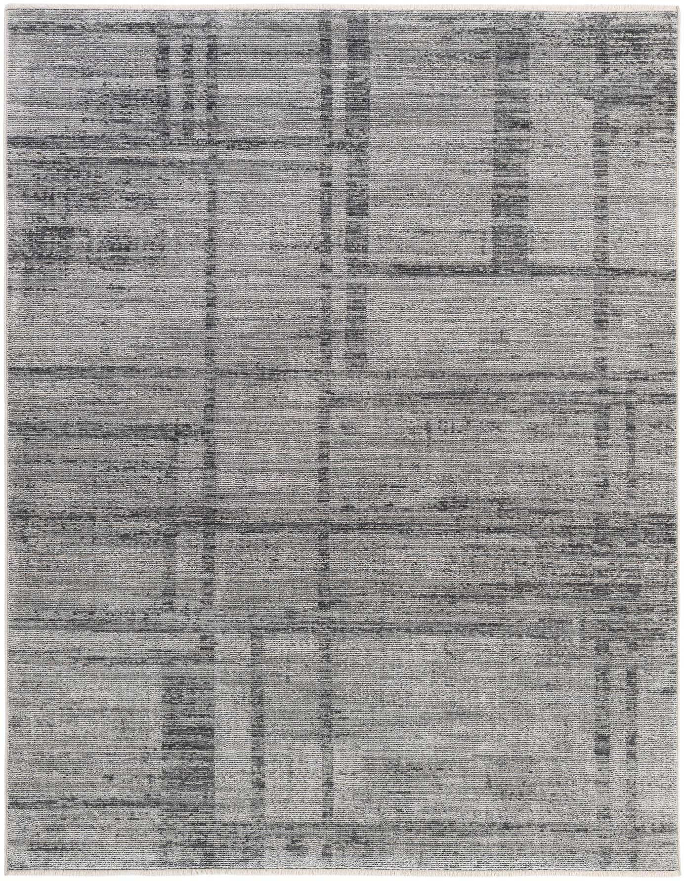 A 5x8 rectangular gray modern area rug with a subtle distressed abstract grid pattern, suitable for a living room.