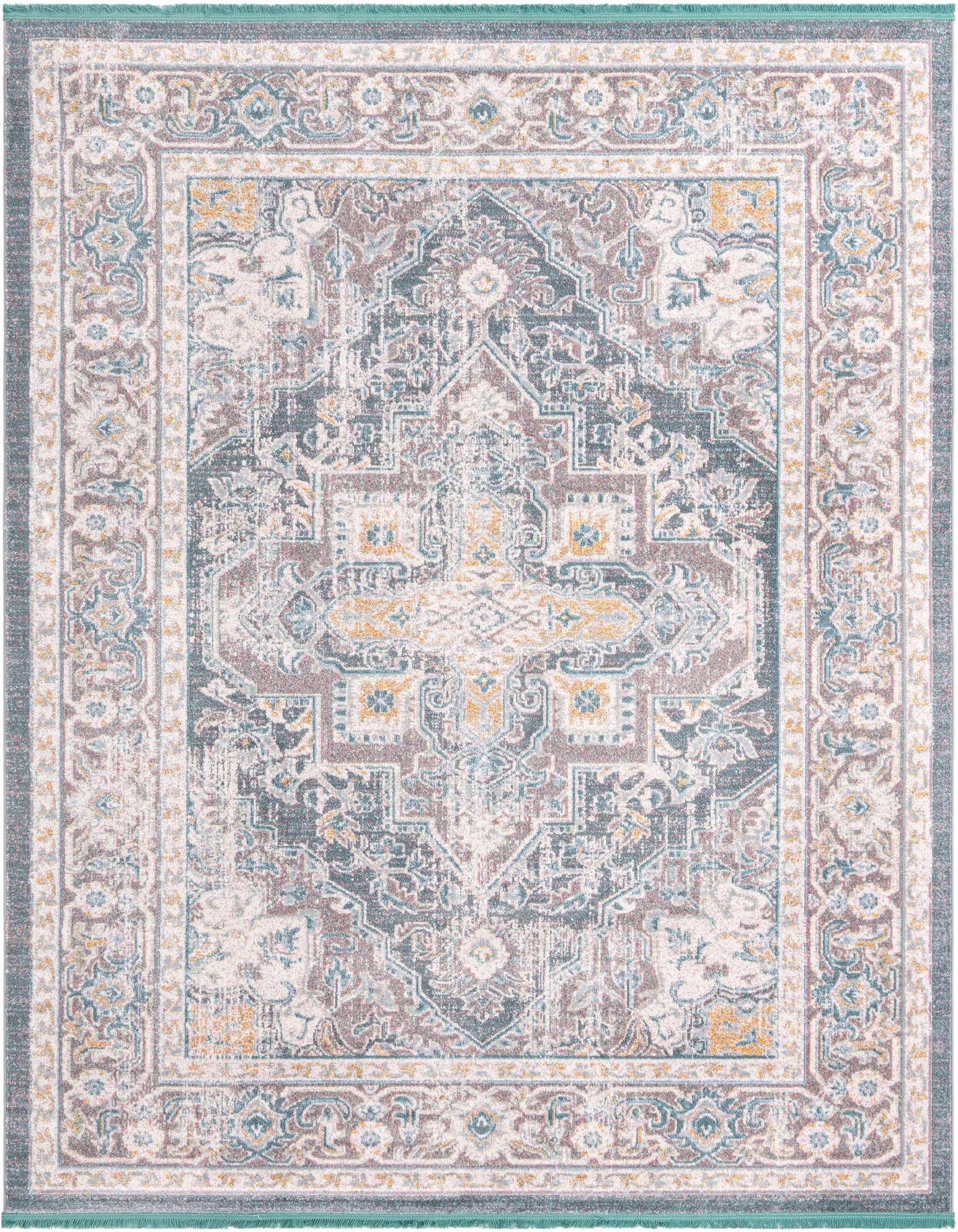 An 8x10 rectangular Santiago rug featuring a distressed traditional medallion pattern in grays, silvers, and hints of teal and gold.