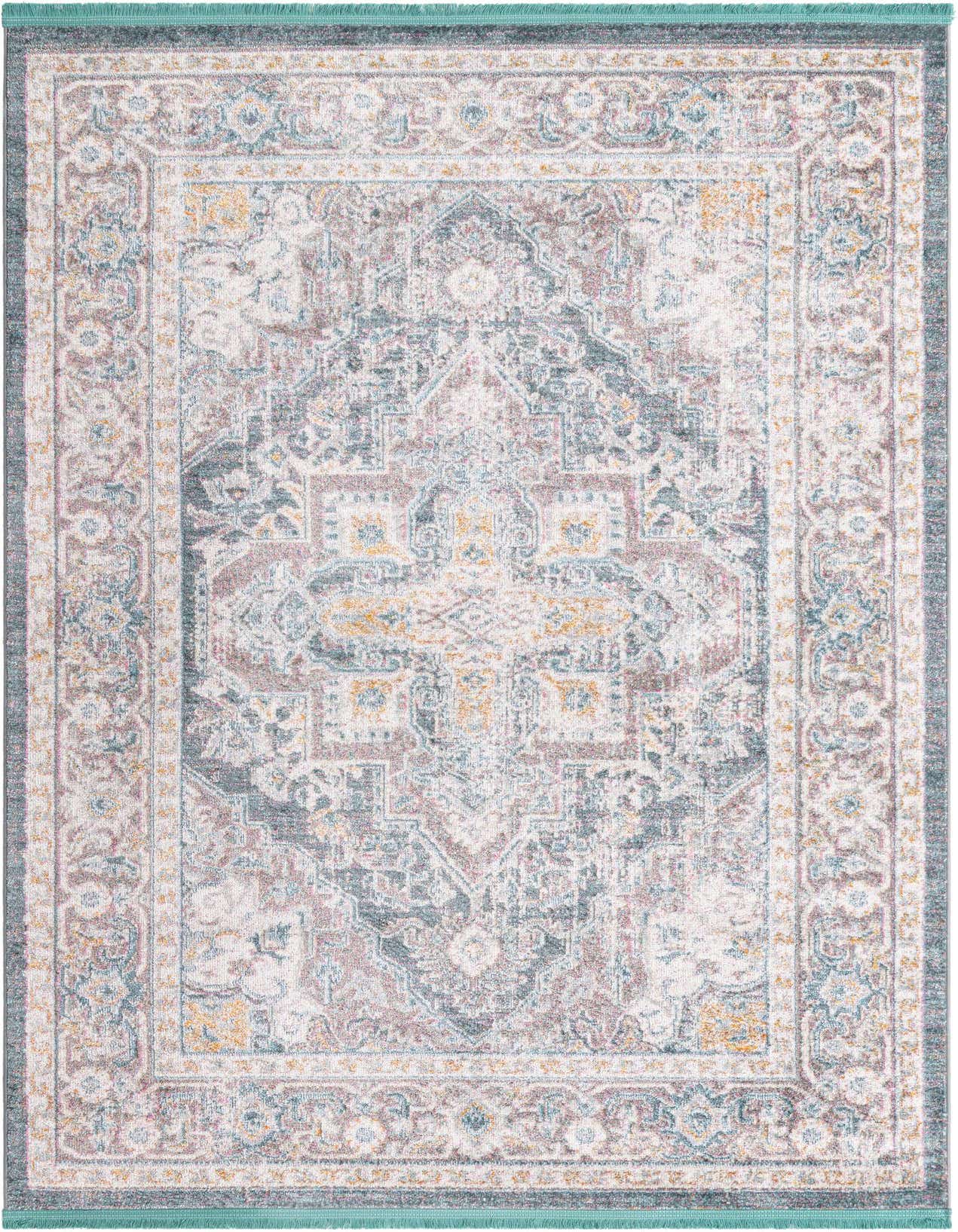 A 5x8 rectangular Santiago area rug by Rugs.com, featuring a faded traditional medallion pattern in grays, silvers, and hints of teal and gold.