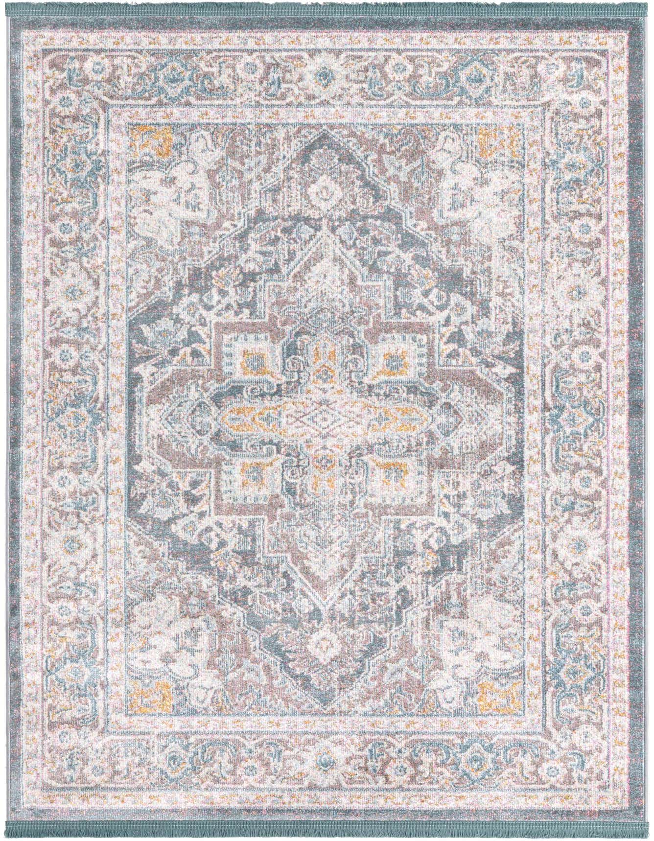 A 4x6 rectangular Santiago rug featuring a faded gray, silver, and teal traditional medallion pattern with hints of gold and brown, suitable for a living room.