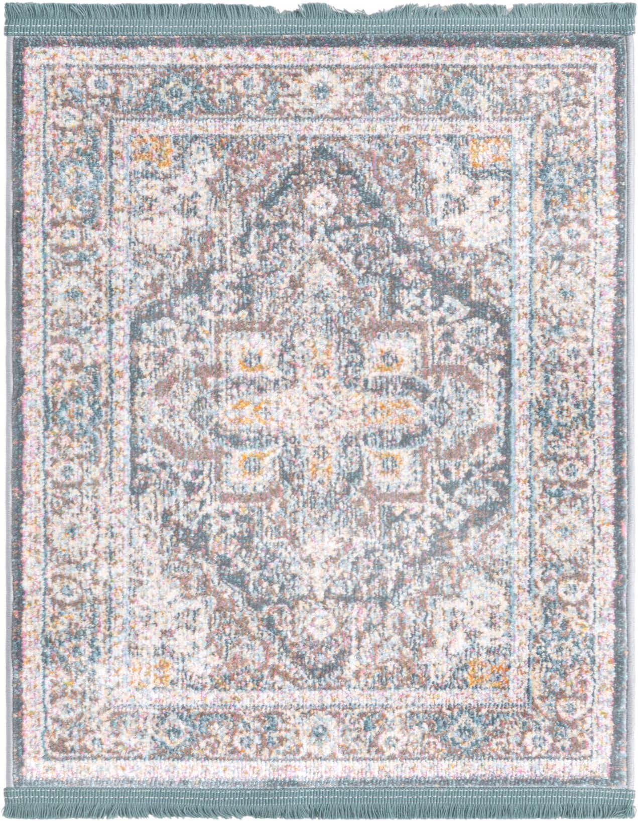 A 2x3 rectangular Santiago rug featuring a distressed traditional medallion pattern in grays, silvers, and hints of blue and orange, with light blue fringe.