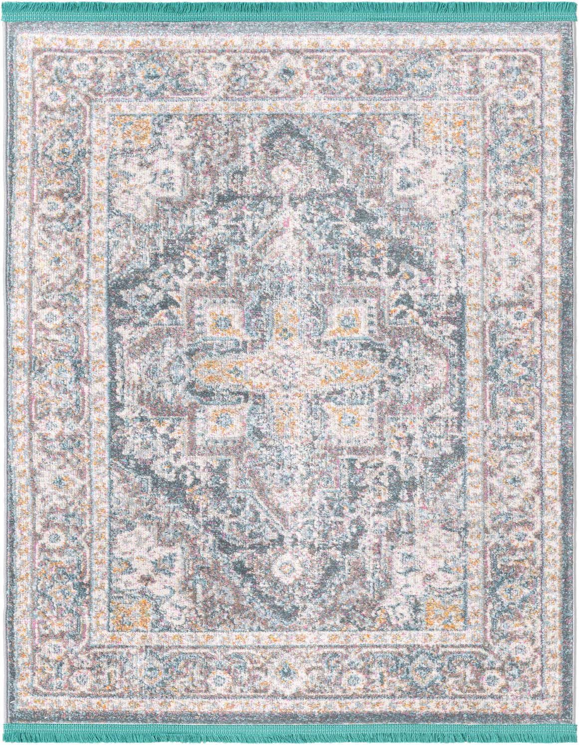 A 3x5 rectangular gray area rug with a distressed traditional medallion pattern and a teal fringe.