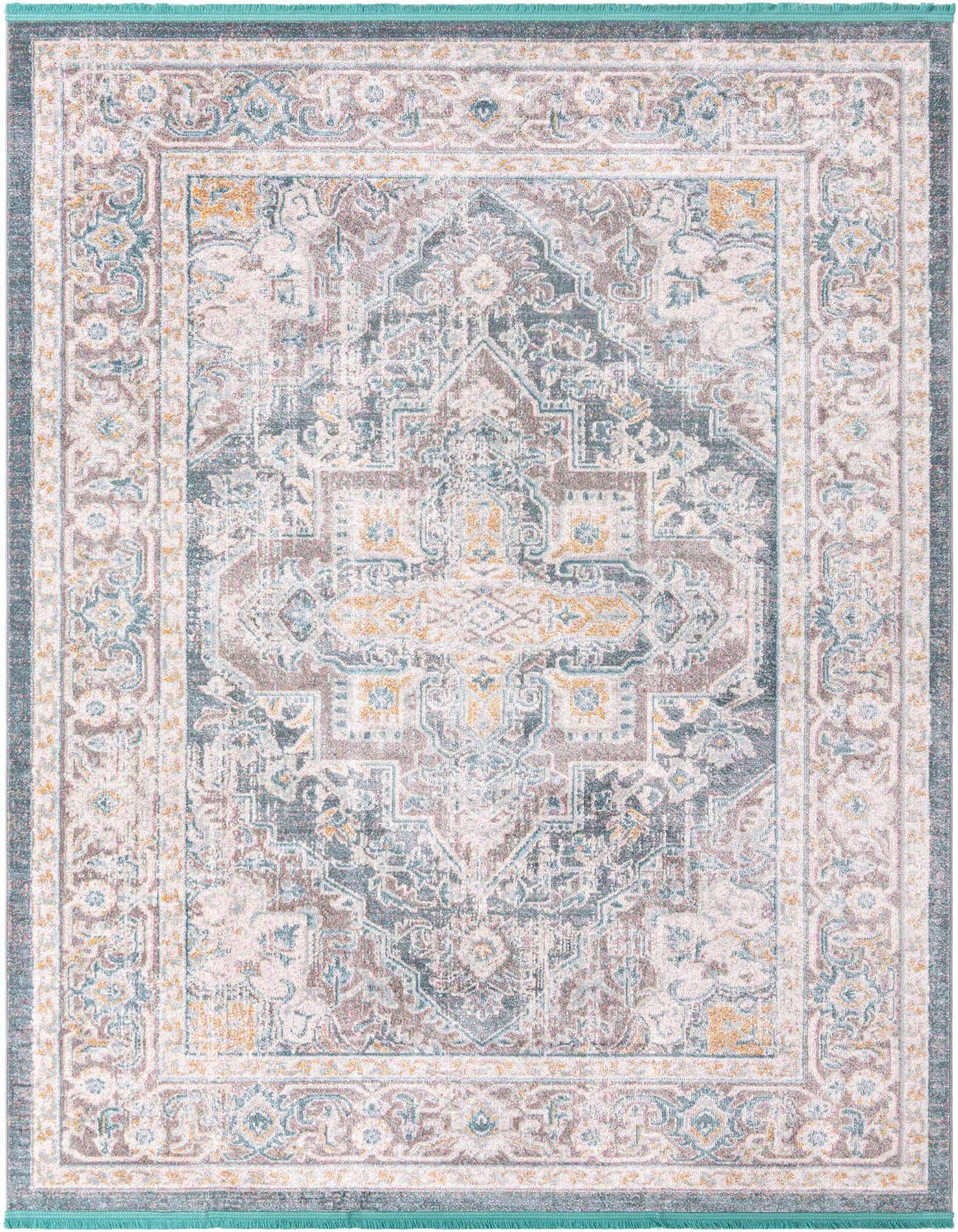 A 6x9 rectangular Santiago rug featuring a traditional medallion pattern in distressed grays, silvers, and hints of gold and teal.