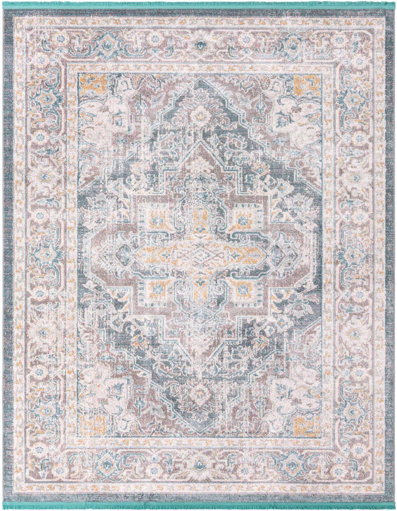A 7x10 rectangular Santiago rug featuring a distressed traditional medallion pattern in grays, silvers, and hints of gold and teal.