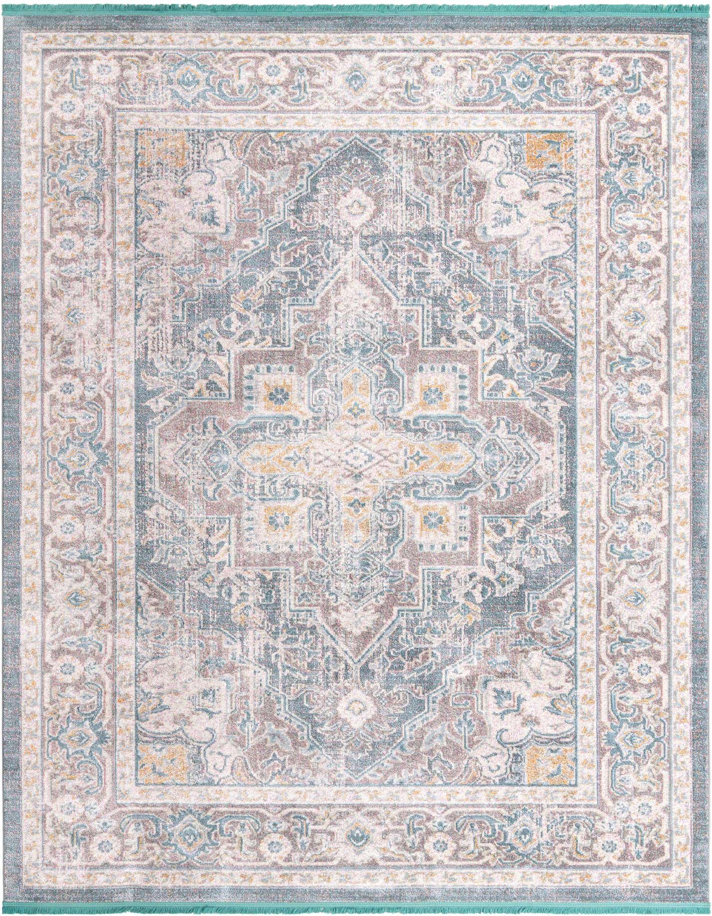 A rectangular 8x11 gray and silver traditional area rug with an intricate medallion and border pattern.