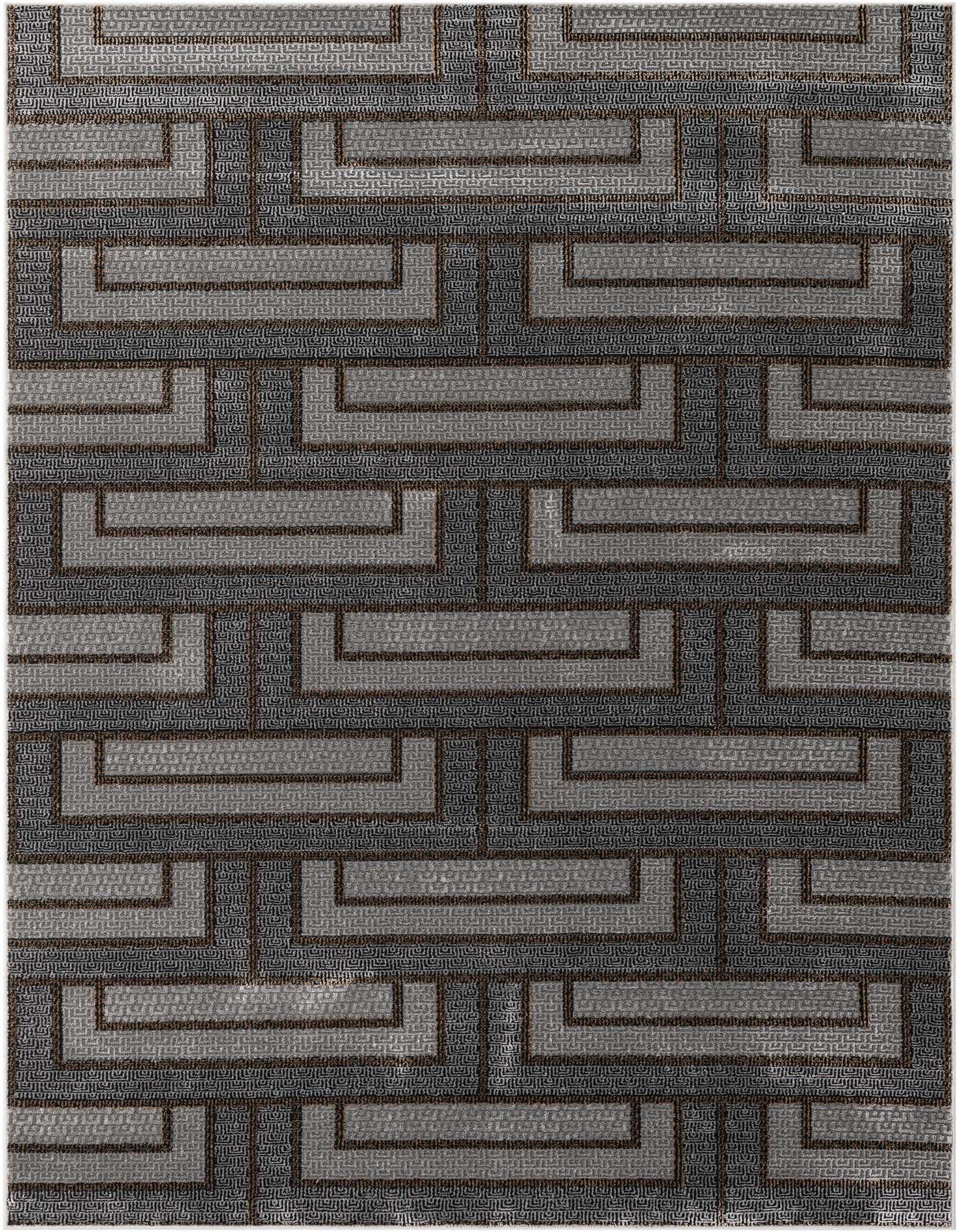 A 5x7 rectangular gray modern area rug featuring a geometric labyrinth pattern with varying shades of gray.