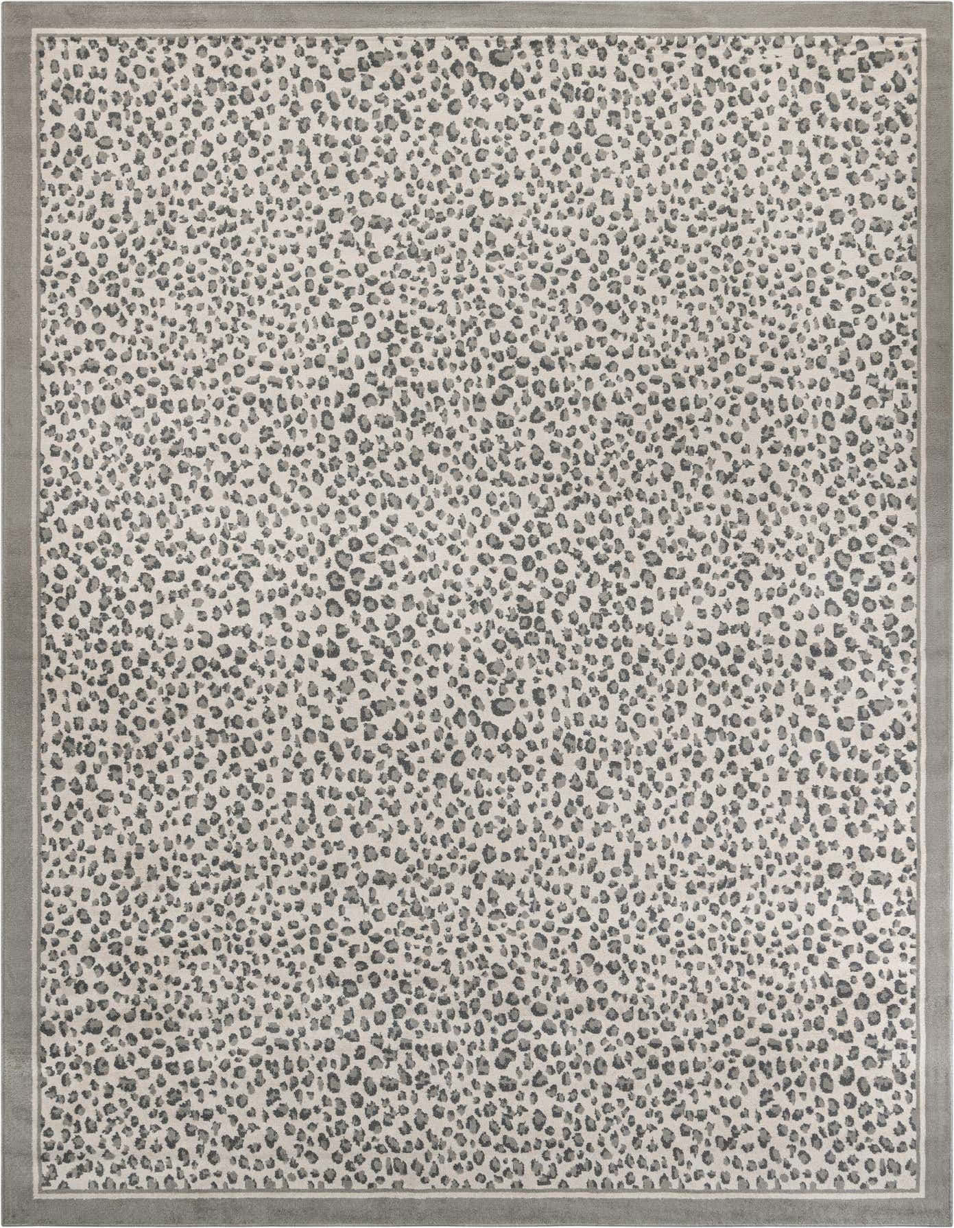 A 10x14 rectangular gray modern area rug with a subtle leopard spot pattern and a solid gray border.