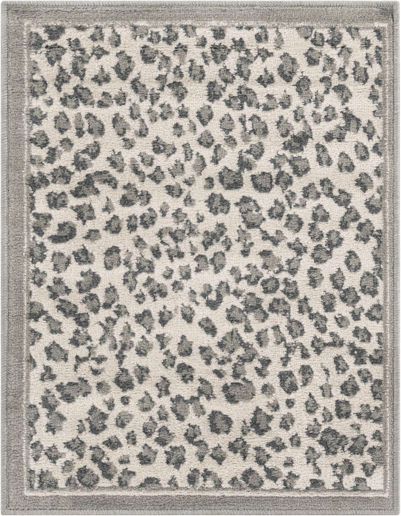 A 2x3 rectangular Rugs.com Savannah rug featuring a modern gray and silver leopard print pattern with a solid gray border.