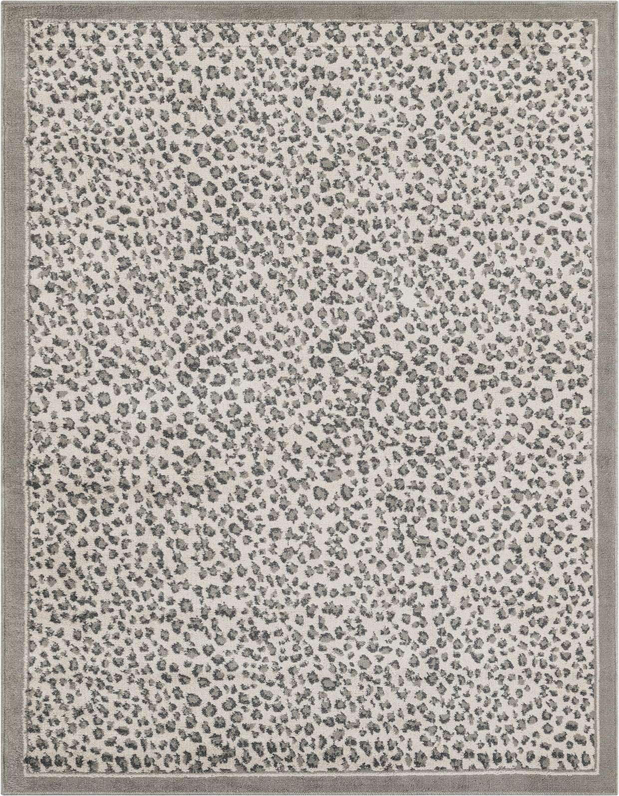 A 5x8 rectangular indoor rug featuring a modern gray and silver leopard print pattern with a solid gray border.