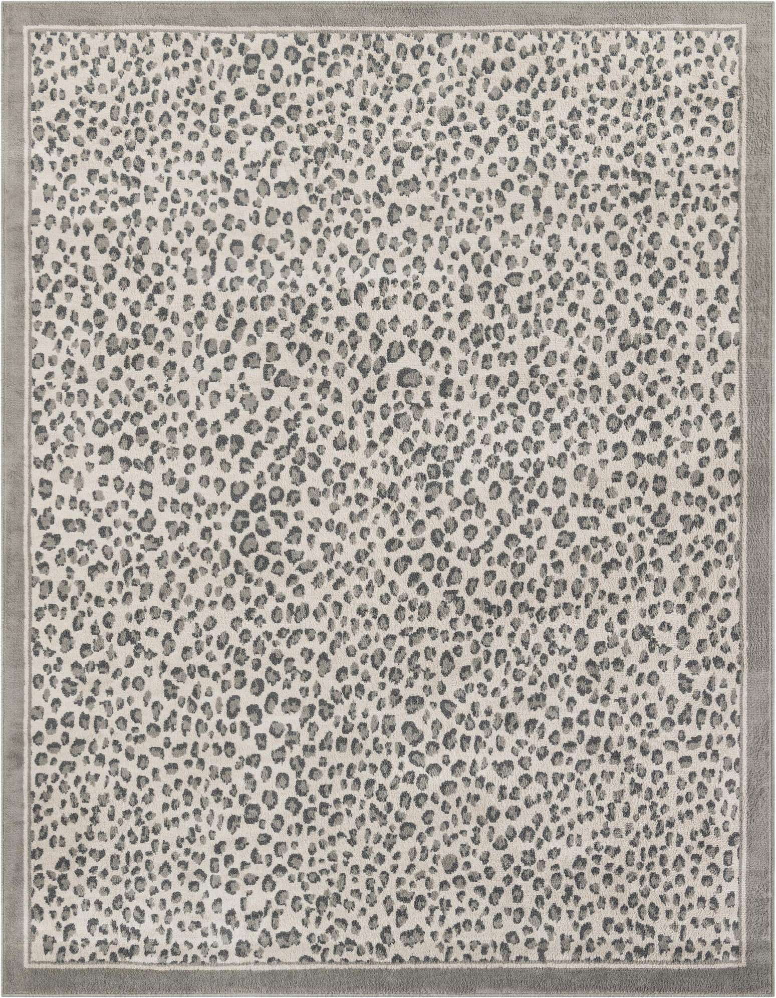 A rectangular 8x10 gray modern area rug featuring a subtle leopard print pattern with a solid gray border.