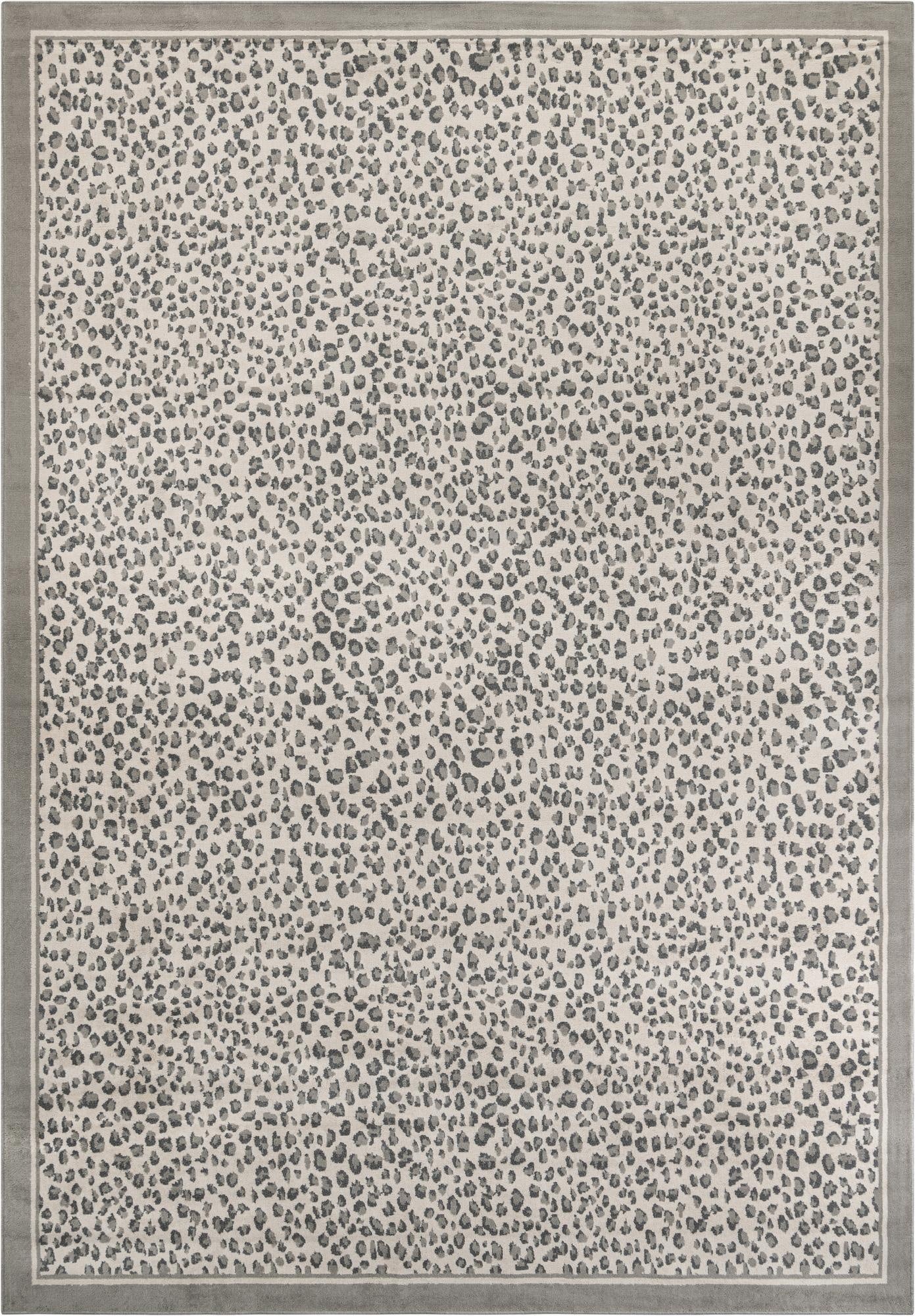 A 10x14 rectangular gray modern area rug with a subtle leopard spot pattern and a solid gray border.