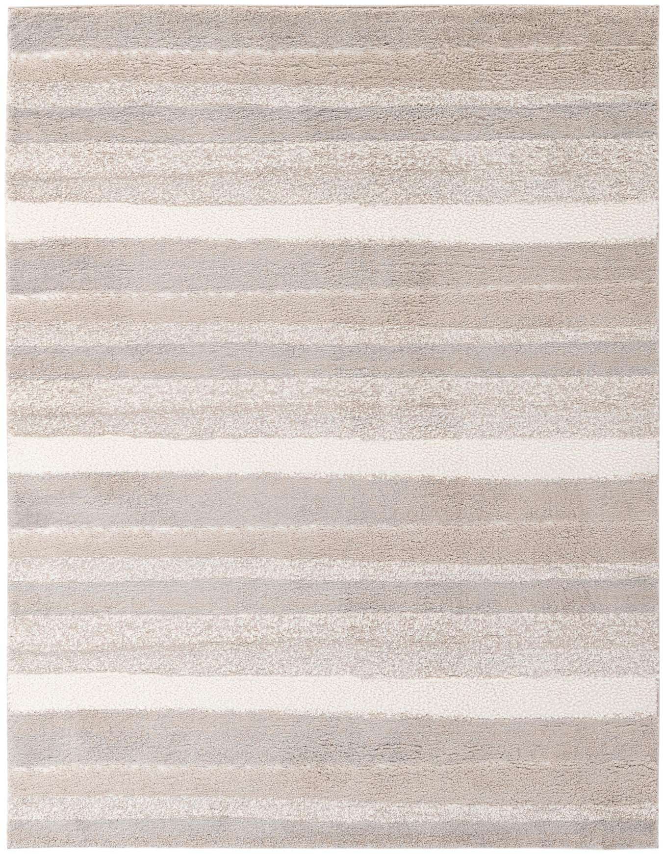 A 5x8 rectangular gray shag rug featuring horizontal stripes of varying textures and shades of gray, perfect for a modern living room.