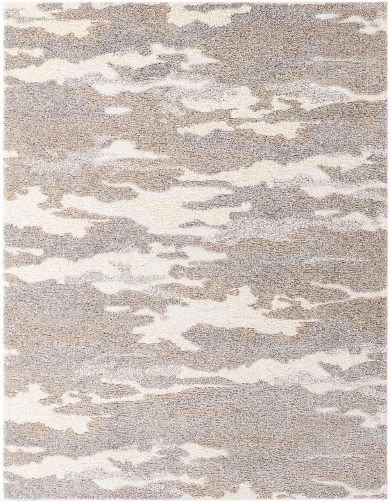 A 5x8 rectangular gray and silver modern abstract shag rug with a cloud-like pattern.