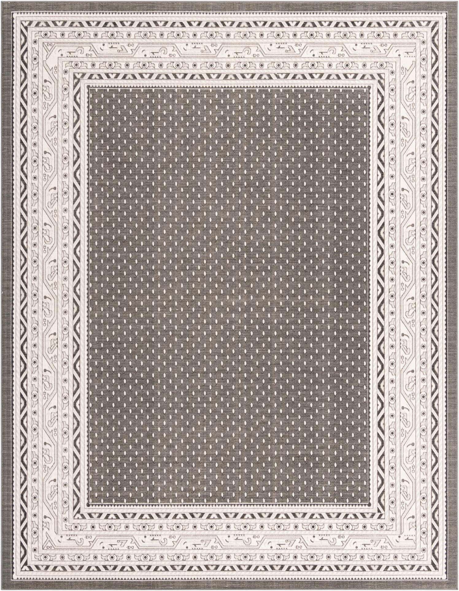 A 9x12 rectangular gray Southwestern area rug with a subtle dotted pattern in the center and intricate white and black tribal borders.