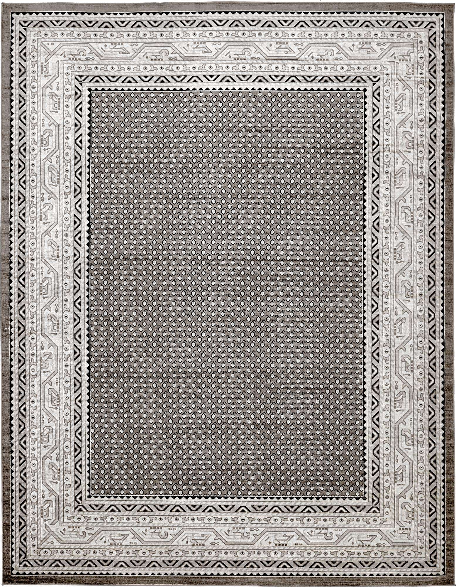 A 10x13 rectangular gray Southwestern area rug with a detailed white and black tribal border pattern.