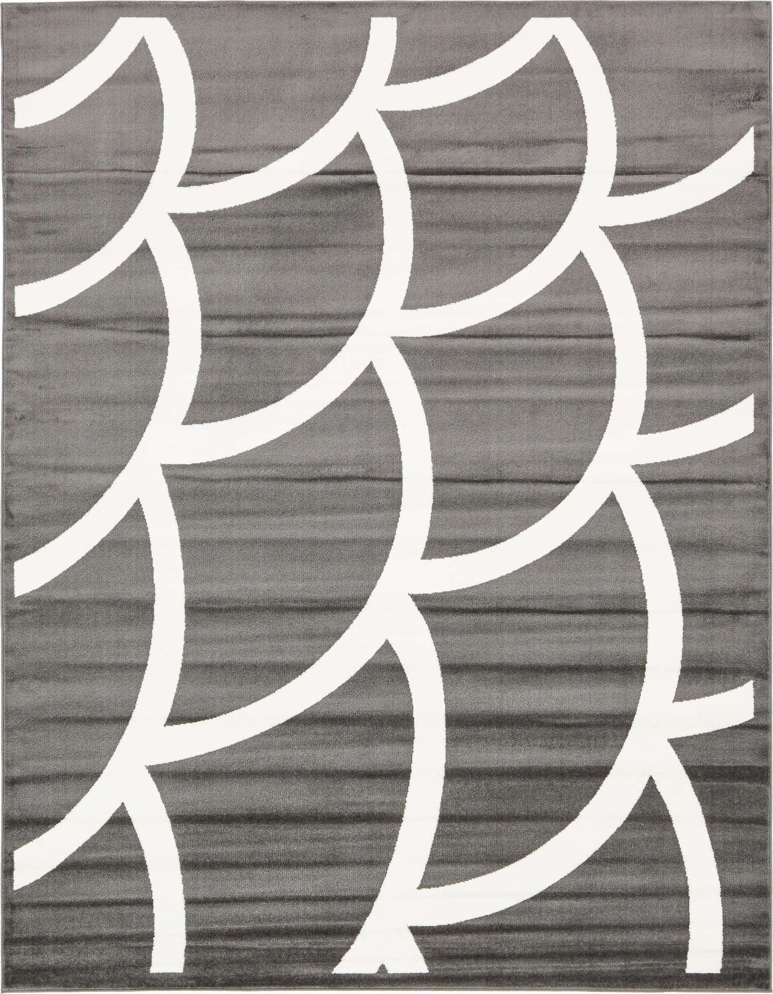 A rectangular 8x10 gray area rug with a modern white trellis pattern, suitable for a living room.