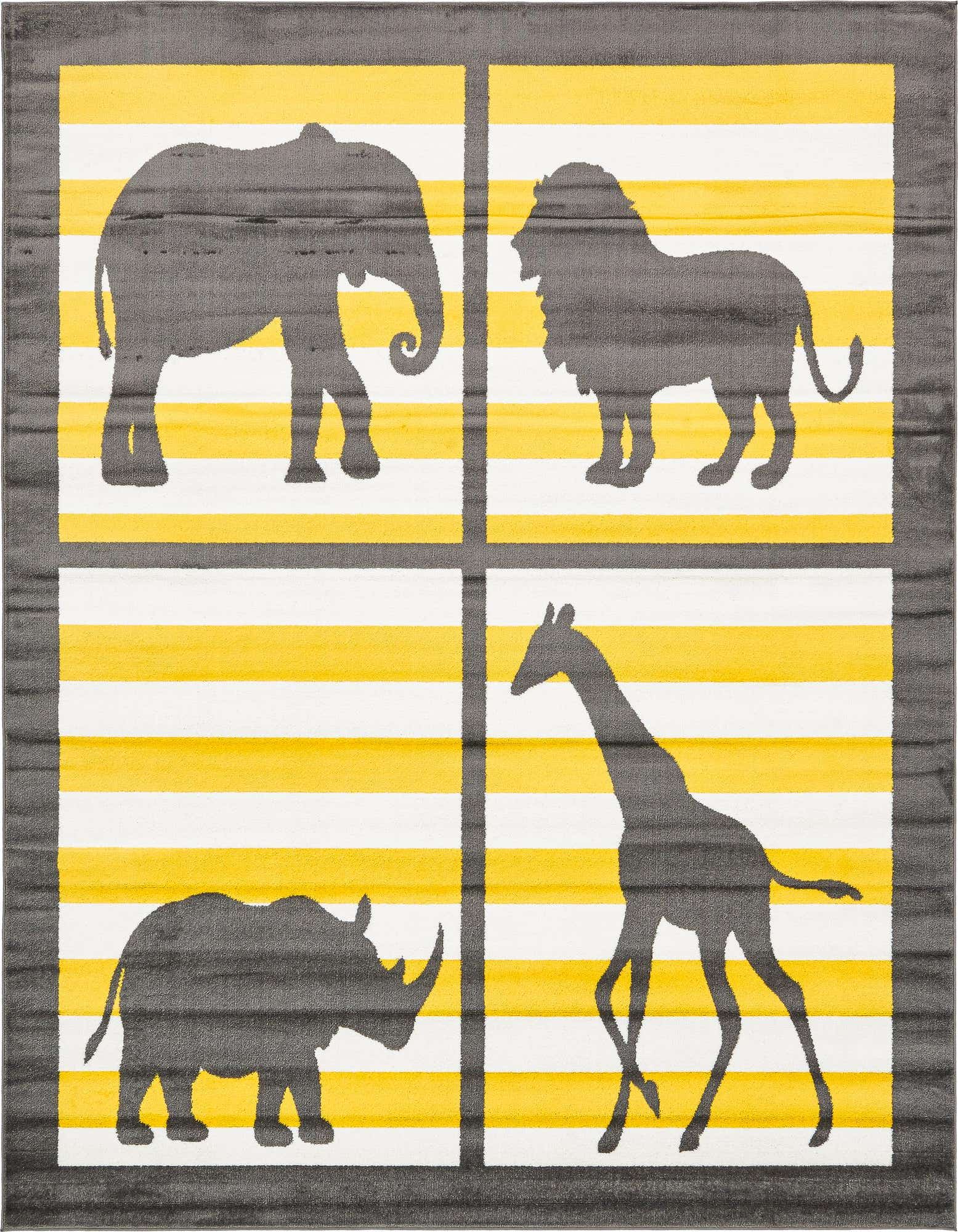 A rectangular 8x10 gray and yellow rug with four square panels, each featuring a silhouette of a safari animal: an elephant, a lion, a rhinoceros, and a giraffe.