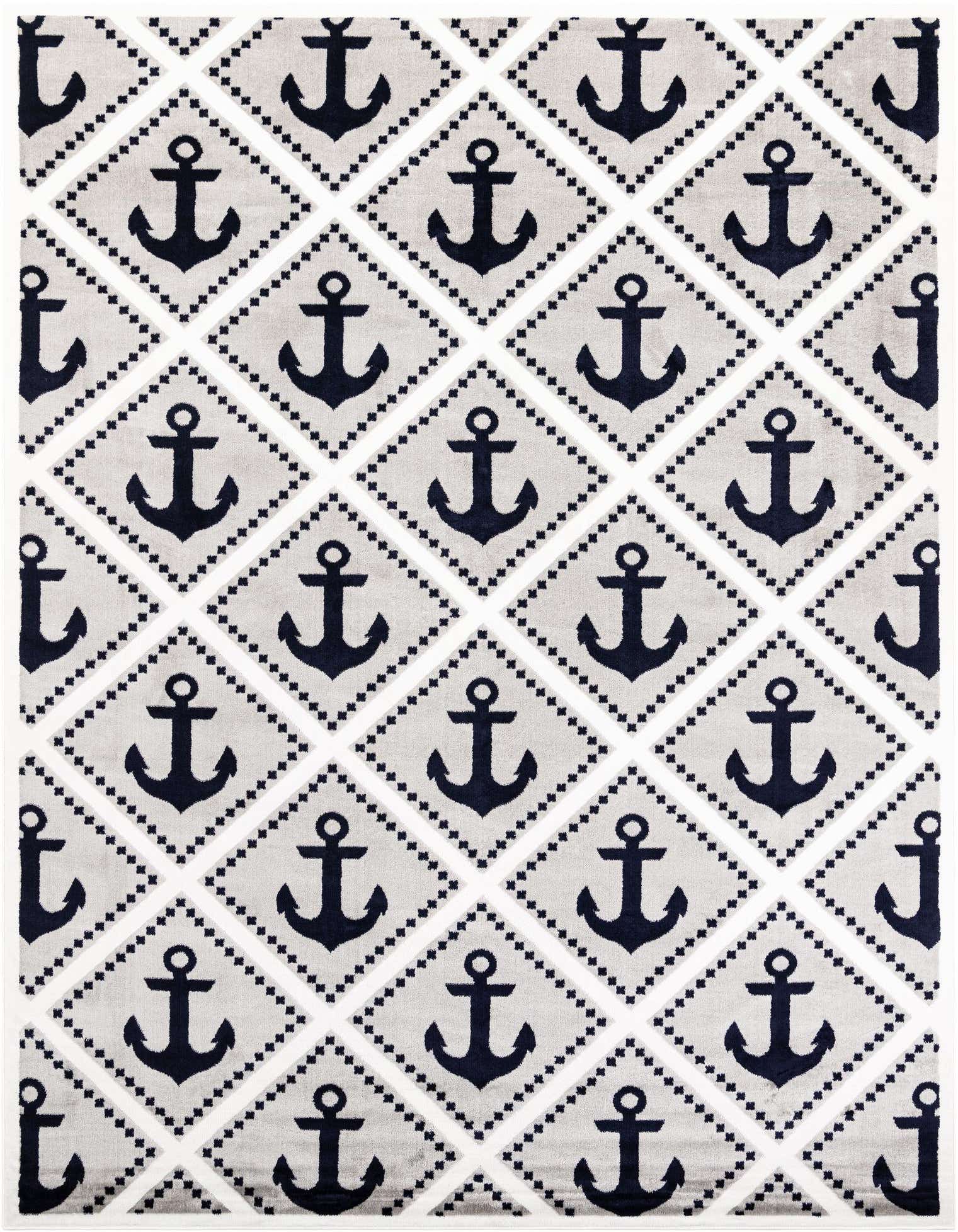 A 10x13 rectangular gray and white rug with a repeating pattern of dark gray anchors inside light gray diamonds.