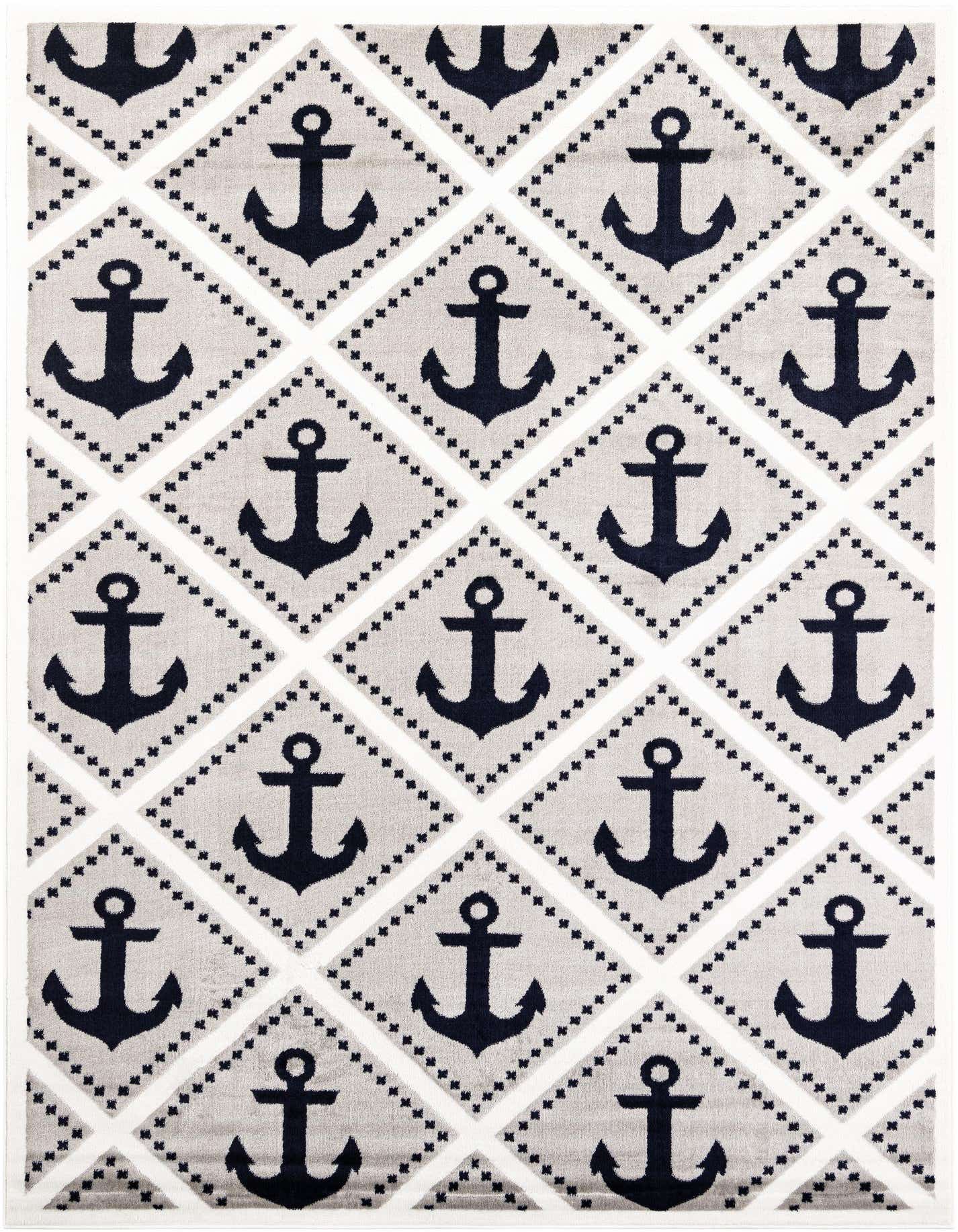 A rectangular 7x10 gray and white rug with a repeating navy blue anchor pattern, ideal for a modern or nautical themed room.