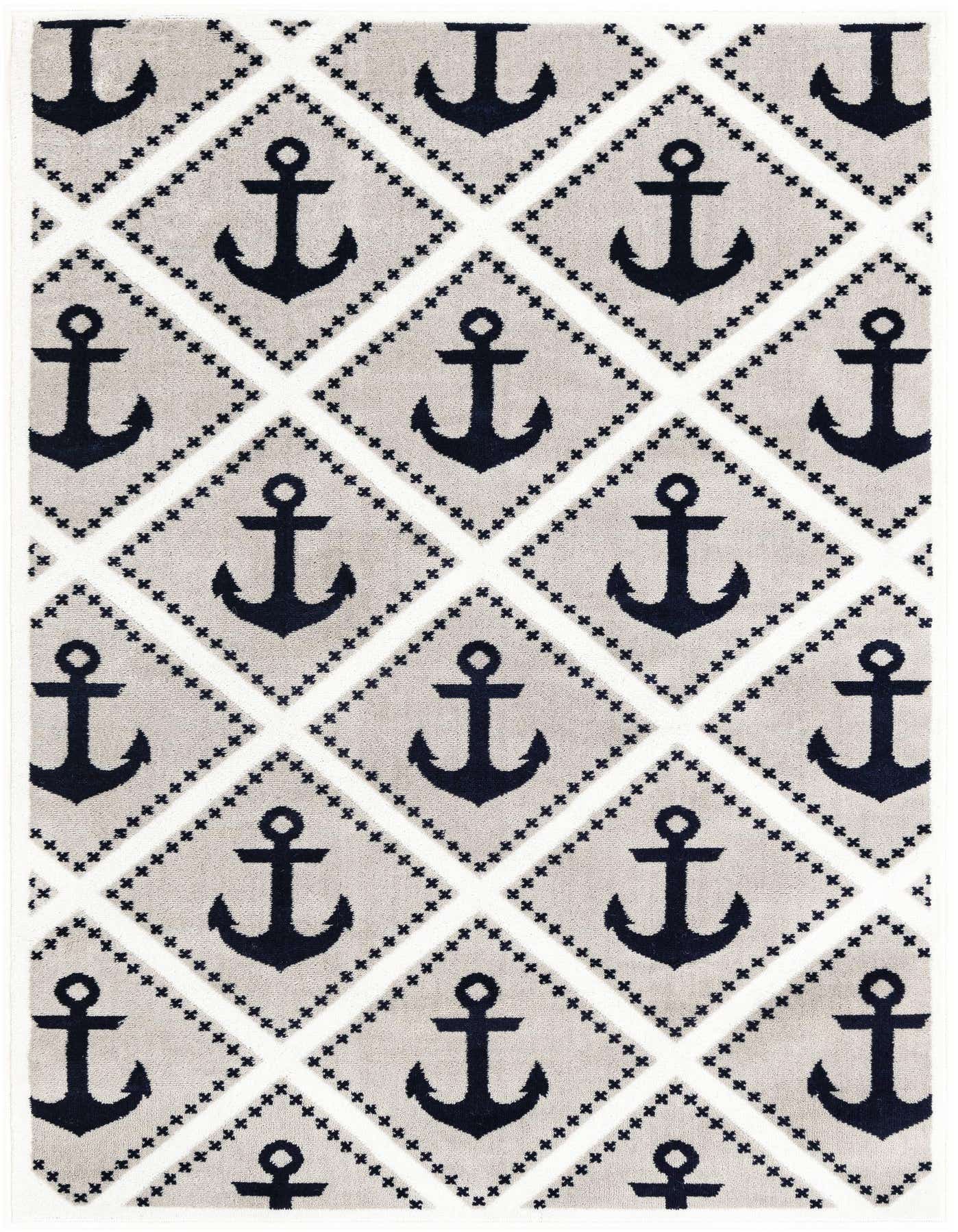 A 4x6 rectangular gray and white modern rug featuring a repeating pattern of navy blue anchors within diamond shapes.