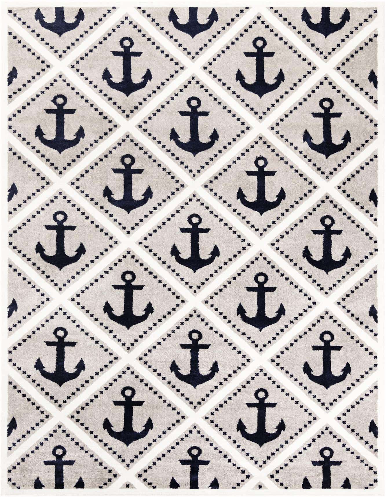 A rectangular 8x11 gray and white rug with a repeating pattern of navy blue anchors inside diamond shapes, perfect for a modern nautical living room.