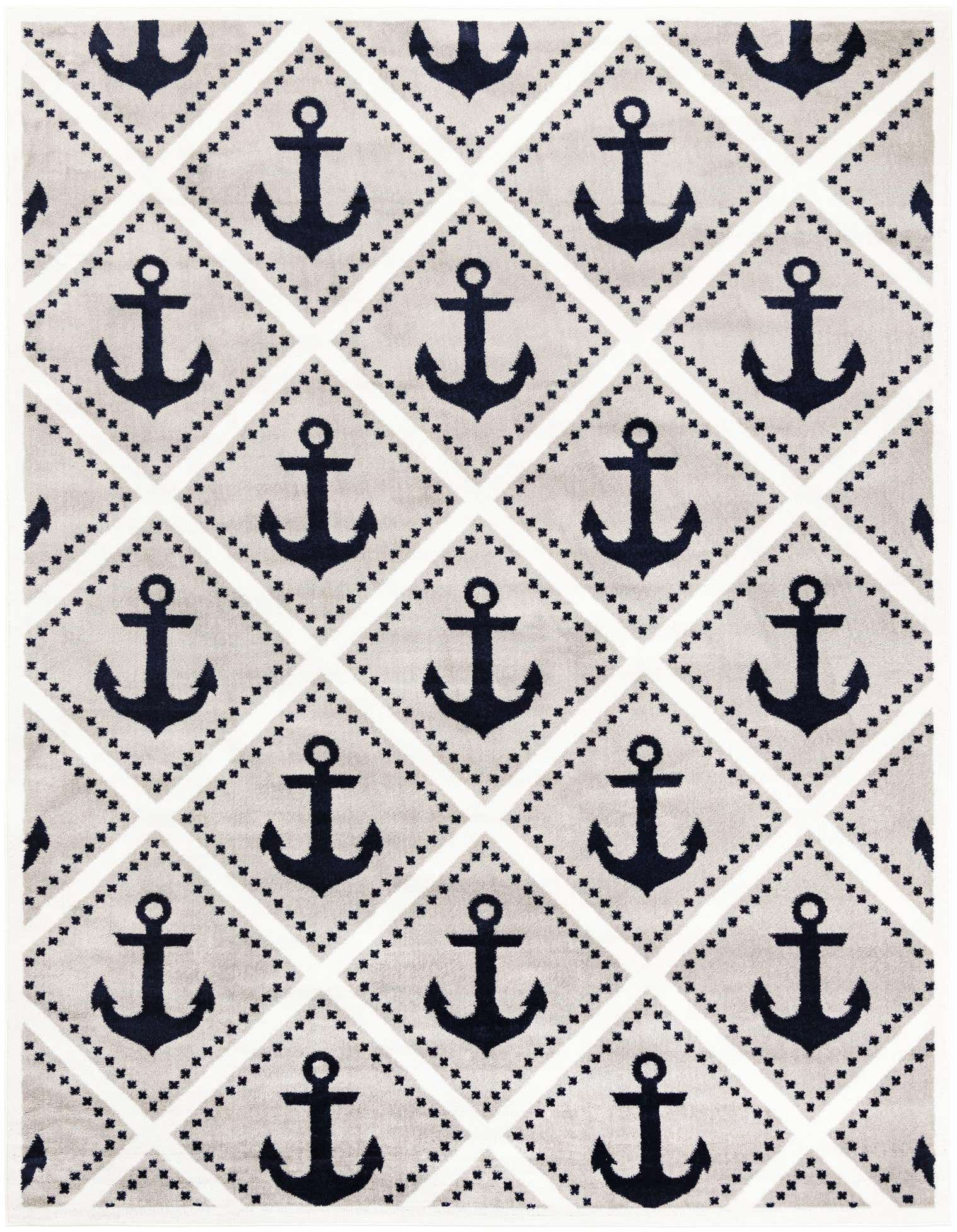 A rectangular 8x10 gray and white rug with a repeating pattern of navy blue anchors inside gray diamond shapes, perfect for a nautical-themed living room.
