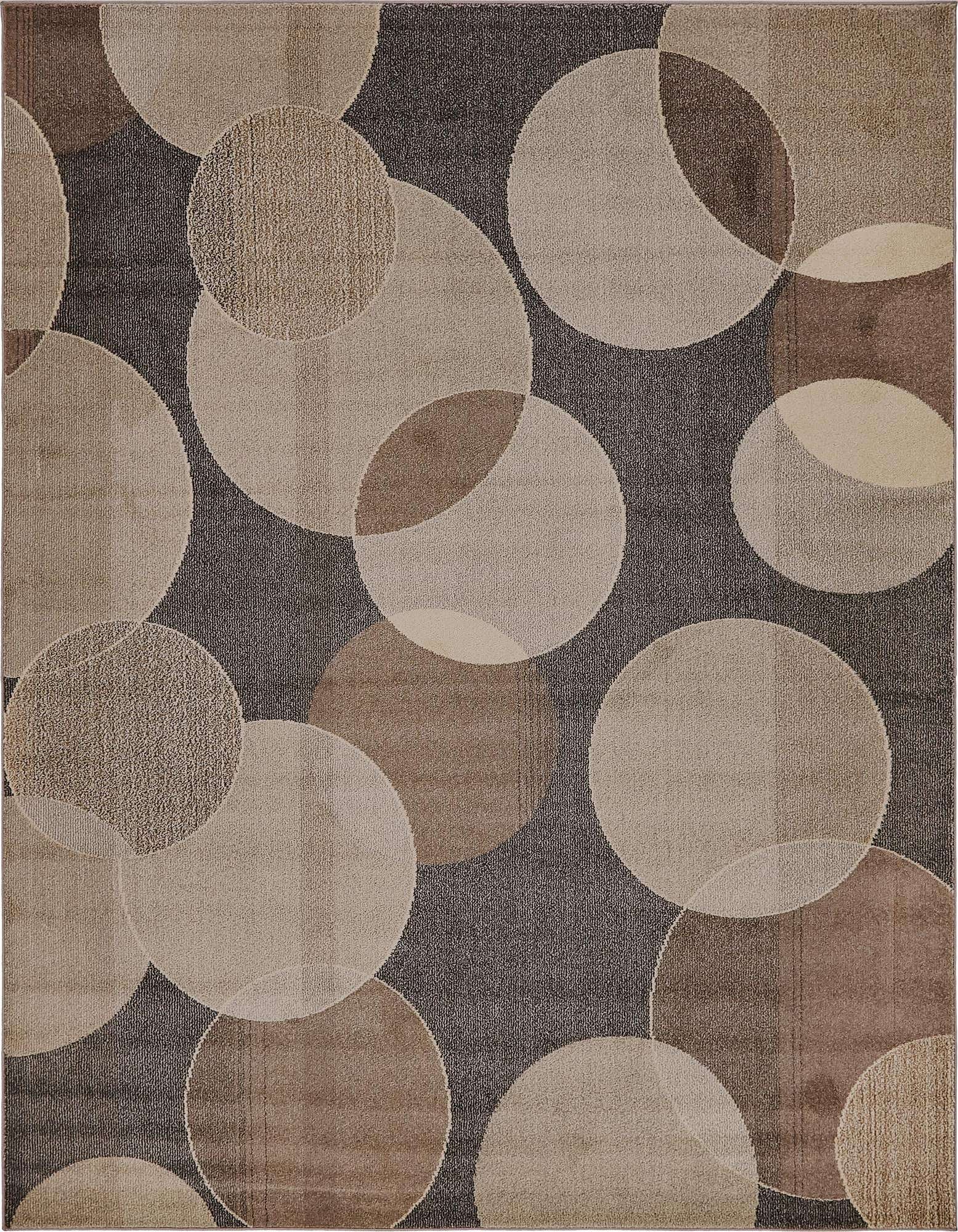 A rectangular 8x10 gray area rug with a modern abstract pattern of overlapping circles in varying shades of gray, silver, and beige.