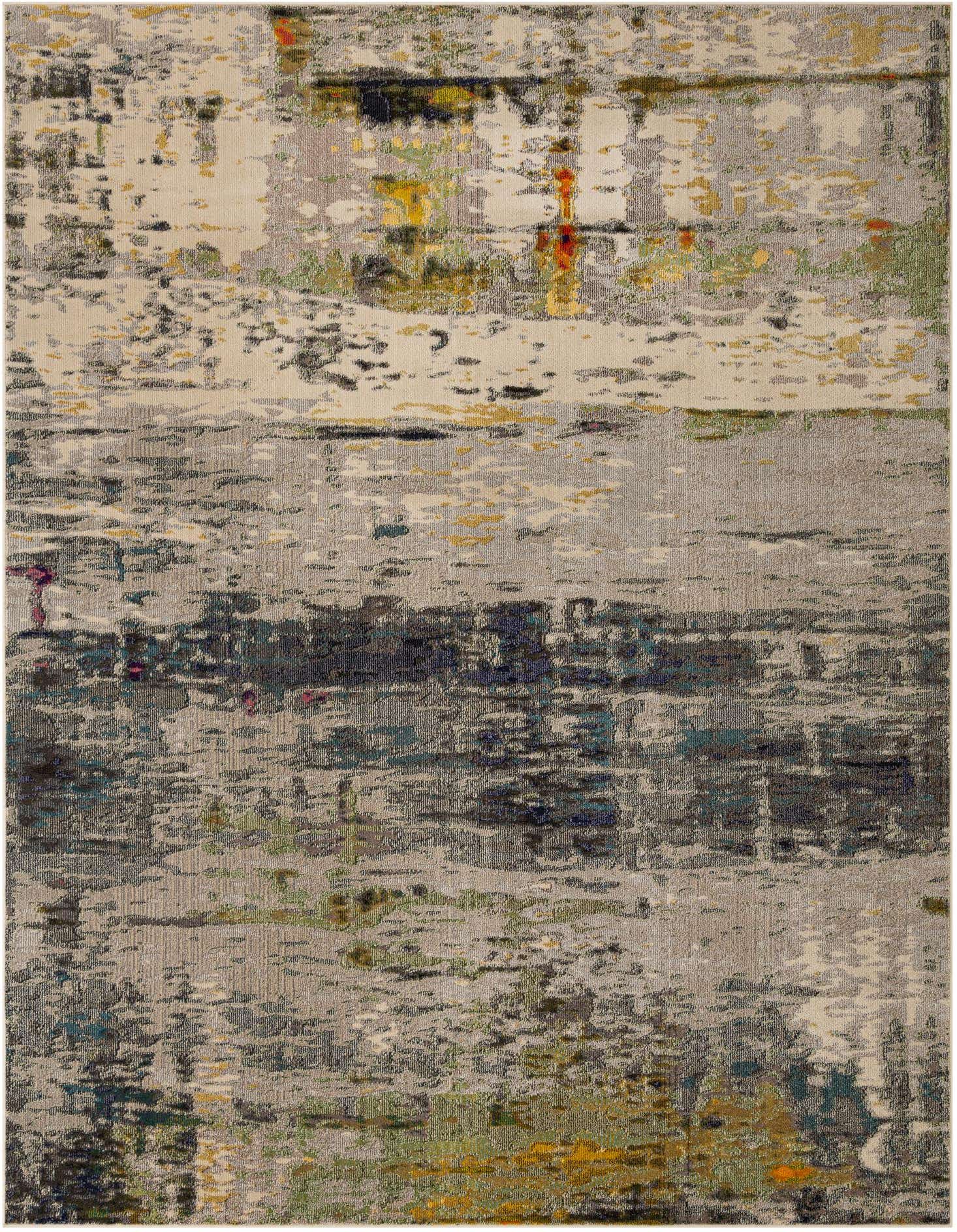 A 9x12 rectangular Theia rug featuring an abstract pattern with shades of gray, silver, cream, and subtle hints of gold, teal, and rust.