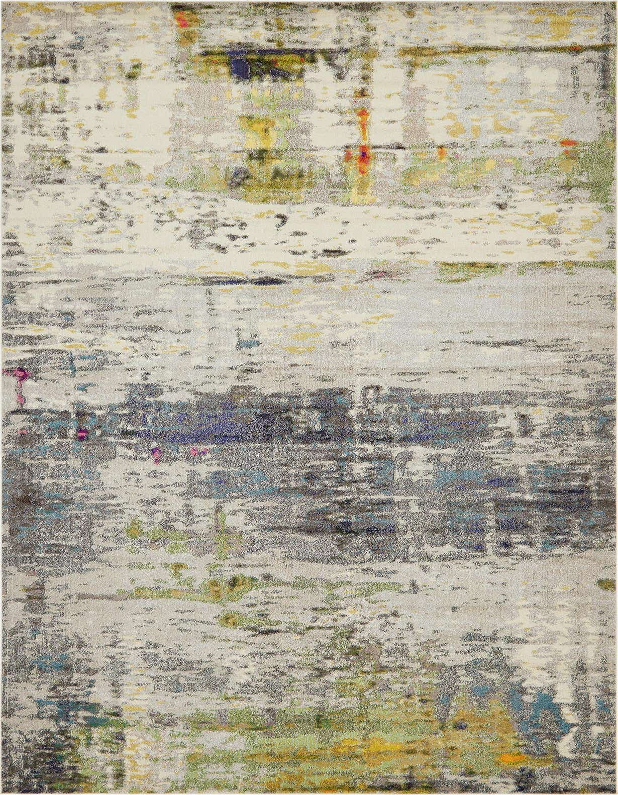 A rectangular Theia Collection rug featuring an abstract, eclectic pattern in grays, silvers, and subtle multi-color accents, suitable for a living room.