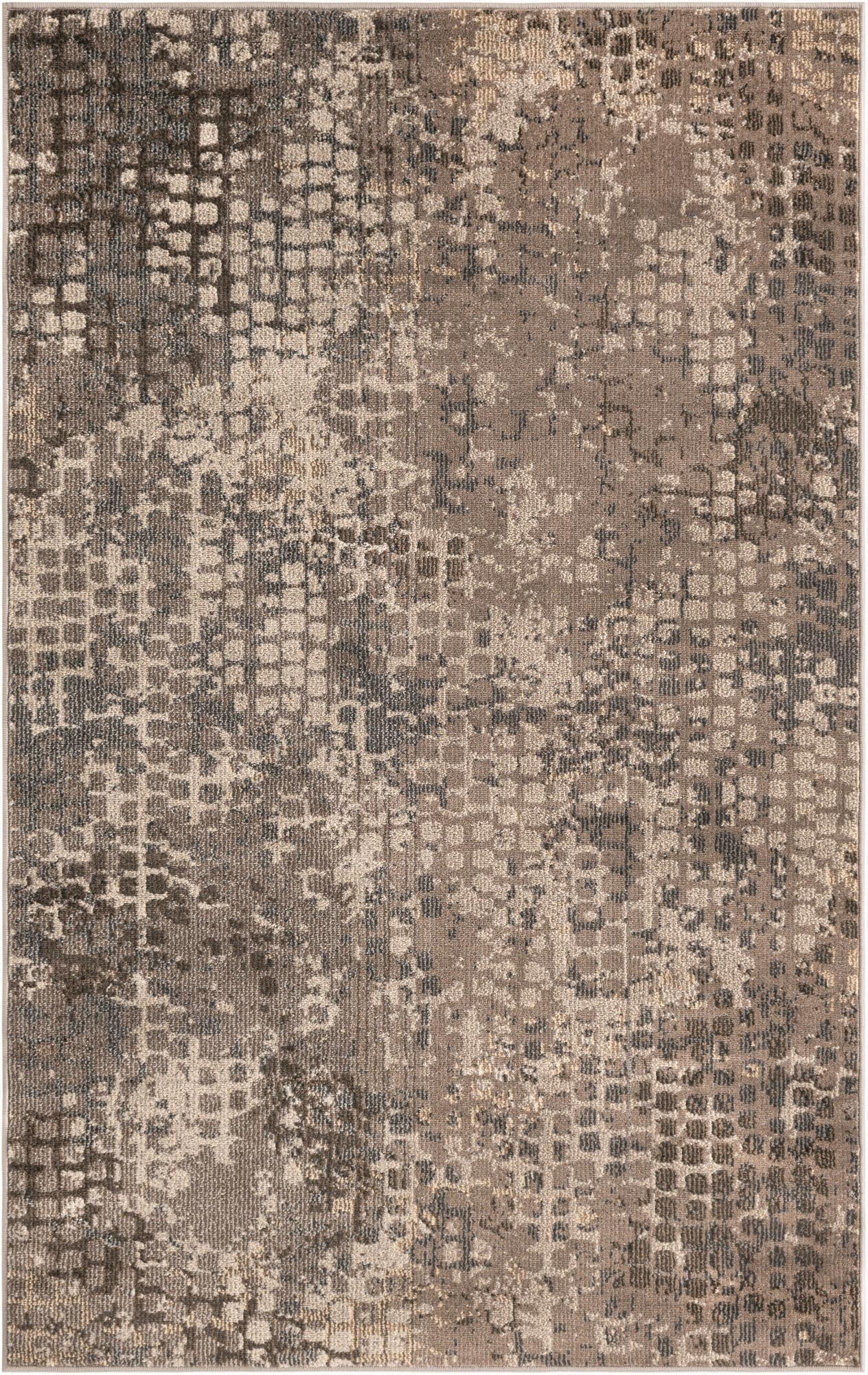 A 4x6 rectangular gray area rug featuring an abstract, eclectic pattern with varying shades of gray and silver.