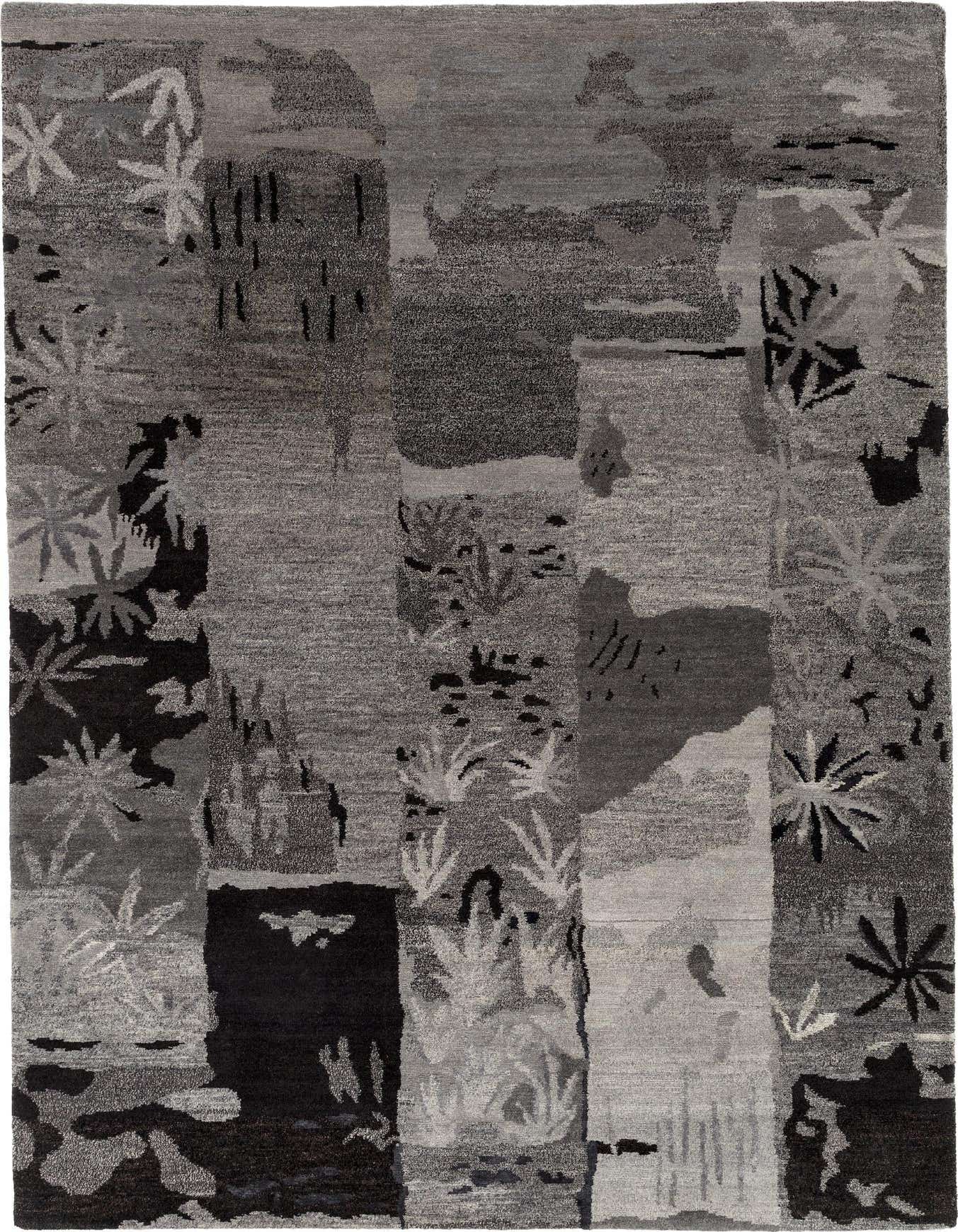 A 4x6 rectangular gray wool rug with an abstract modern pattern featuring varied shades of gray and black organic shapes and floral motifs.