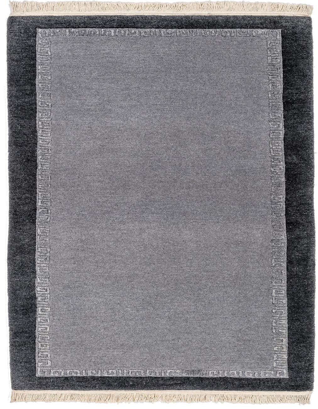 A rectangular 3x5 gray modern wool and silk rug with a dark gray border and light gray fringe.