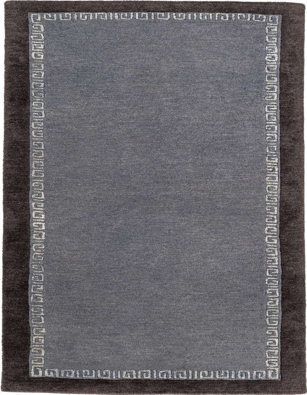 A 3x5 rectangular gray area rug with a dark gray border and a light gray Greek key pattern.
